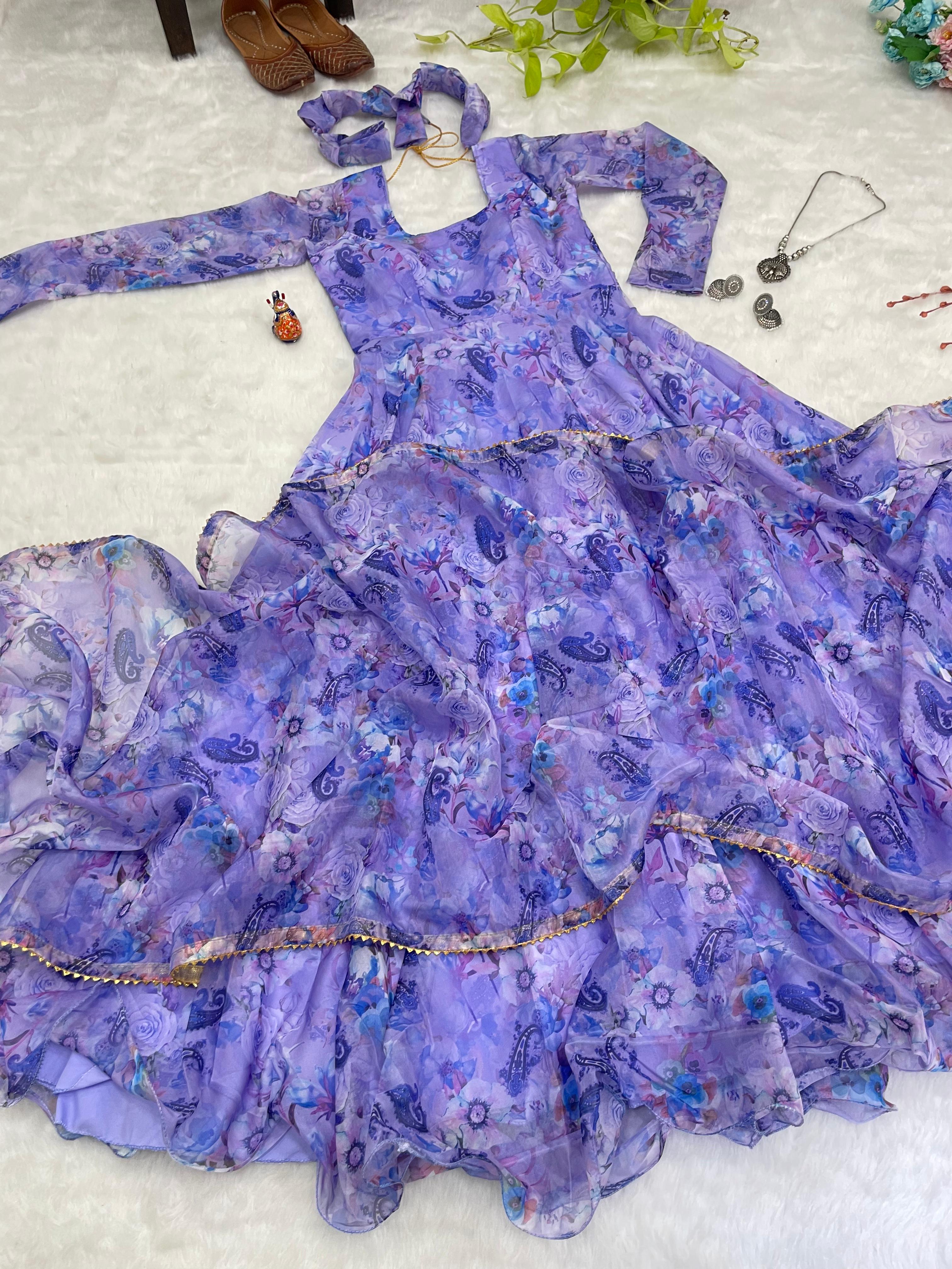 Spectacular Festive Wear Organza Sik Floral Digital Printed Gown - Ethnicwish