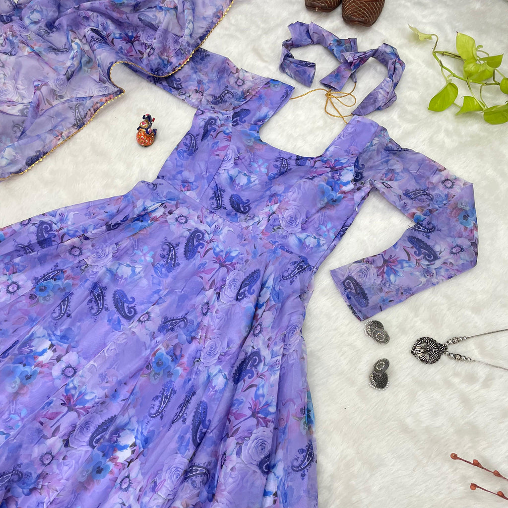 Spectacular Festive Wear Organza Sik Floral Digital Printed Gown - Ethnicwish