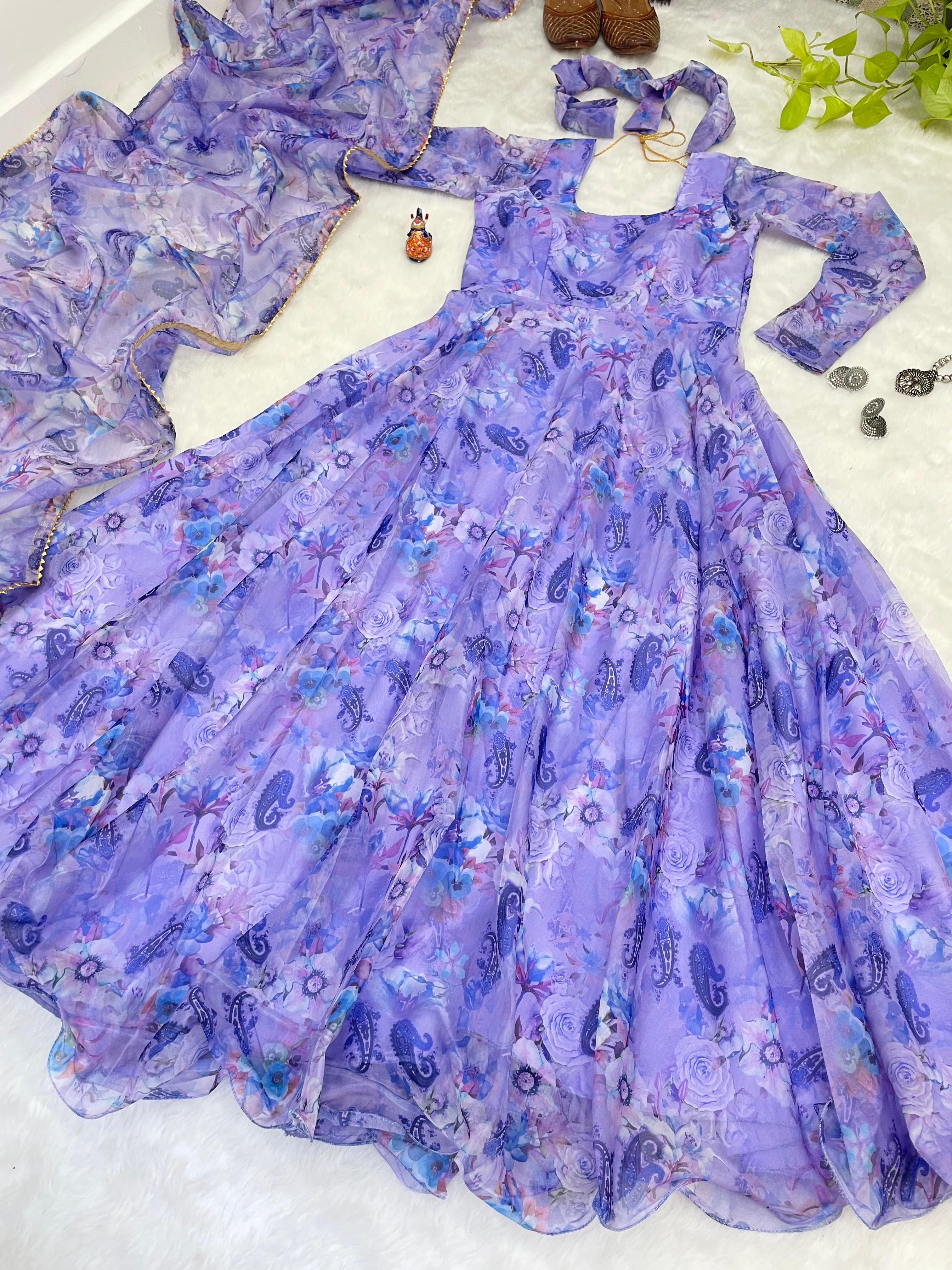 Spectacular Festive Wear Organza Sik Floral Digital Printed Gown - Ethnicwish