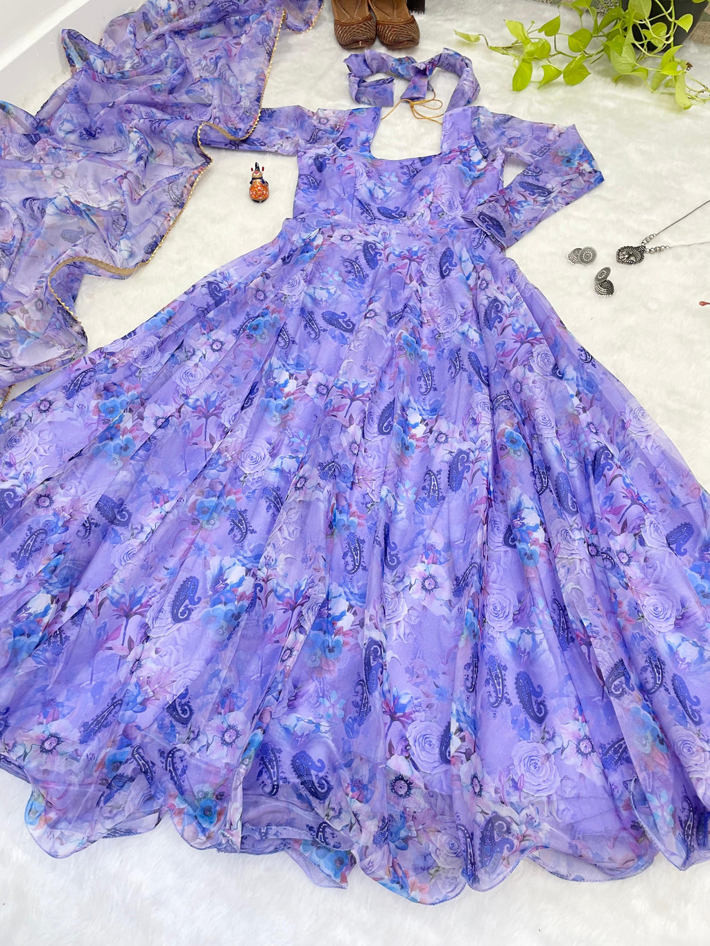 Spectacular Festive Wear Organza Sik Floral Digital Printed Gown - Ethnicwish