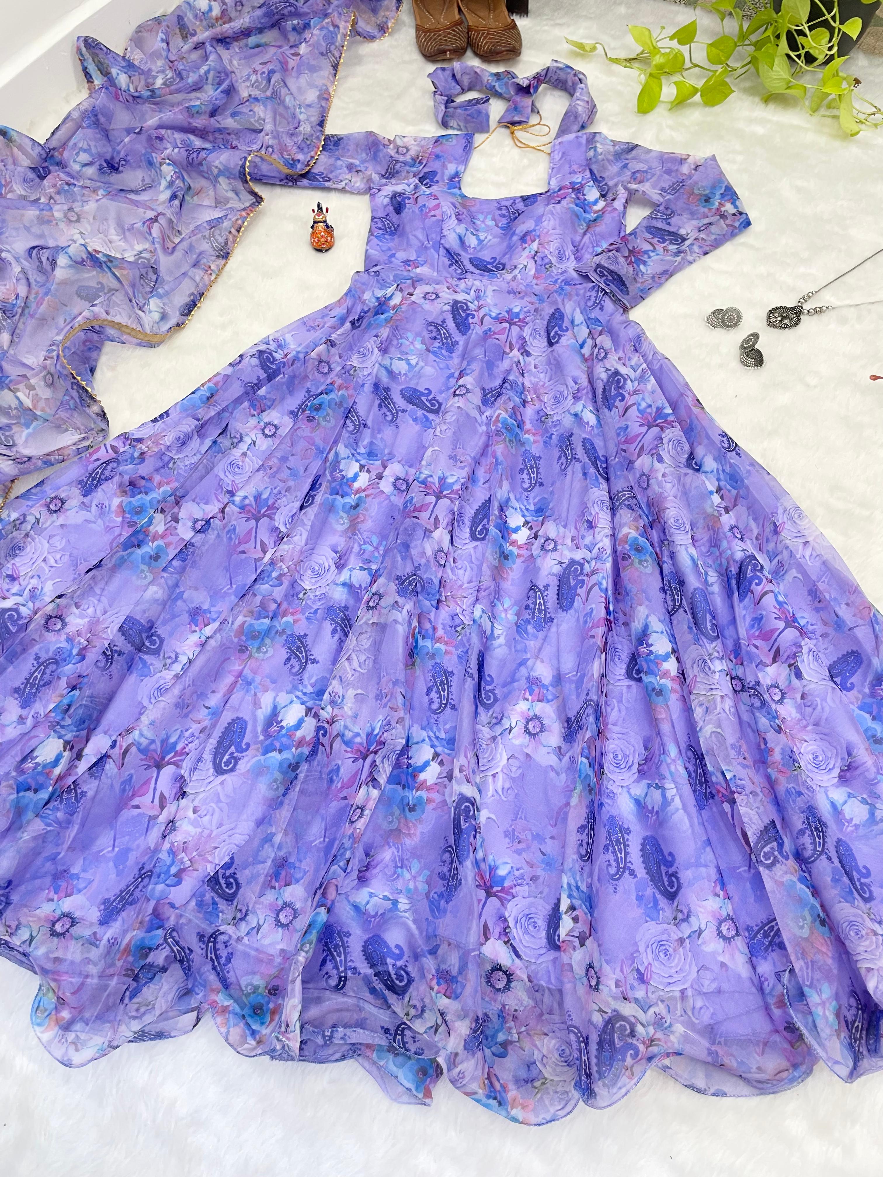 Spectacular Festive Wear Organza Sik Floral Digital Printed Gown - Ethnicwish