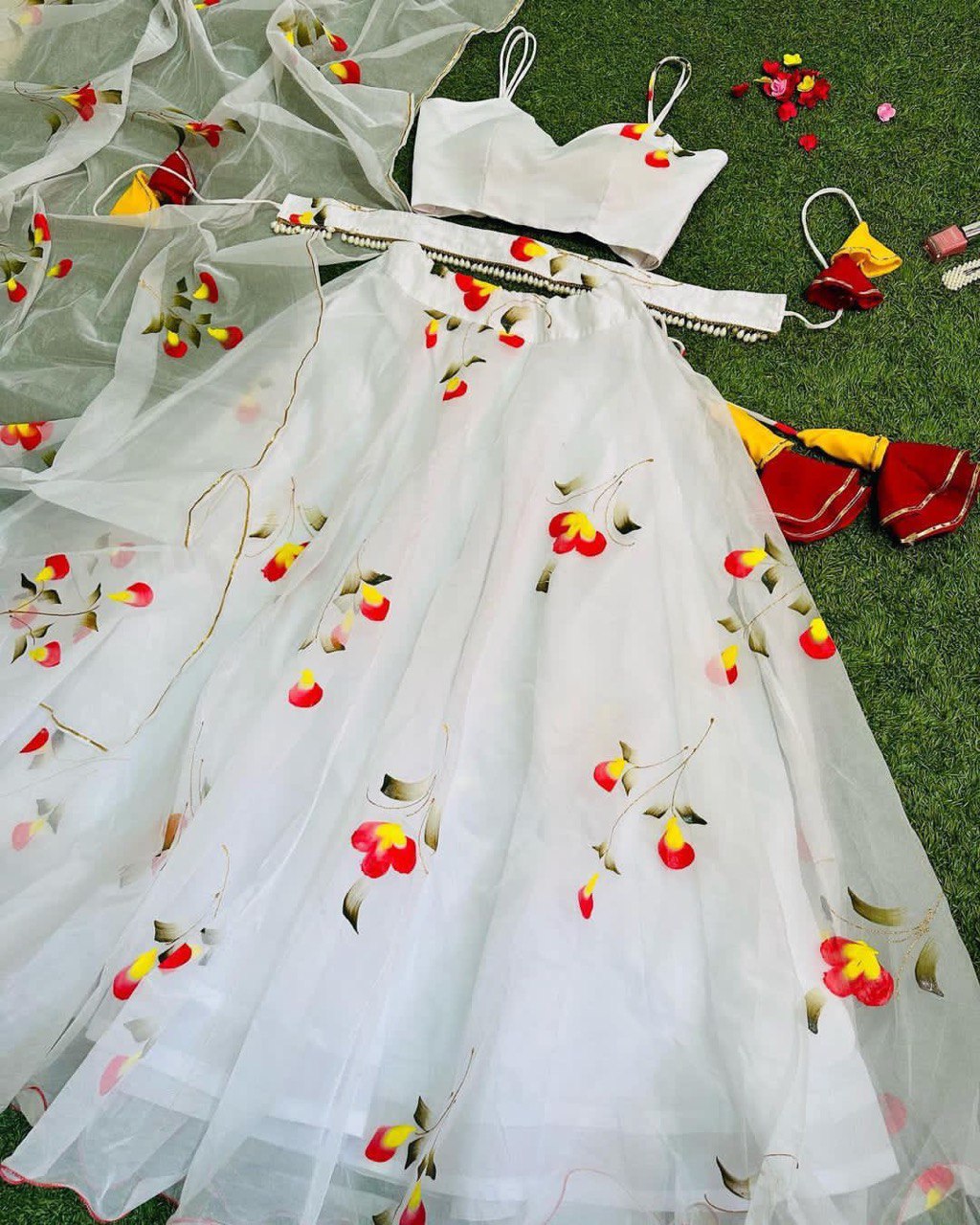 Arresting White Handprinted Organza Silk Lehenga Choli Set - Ethnicwish