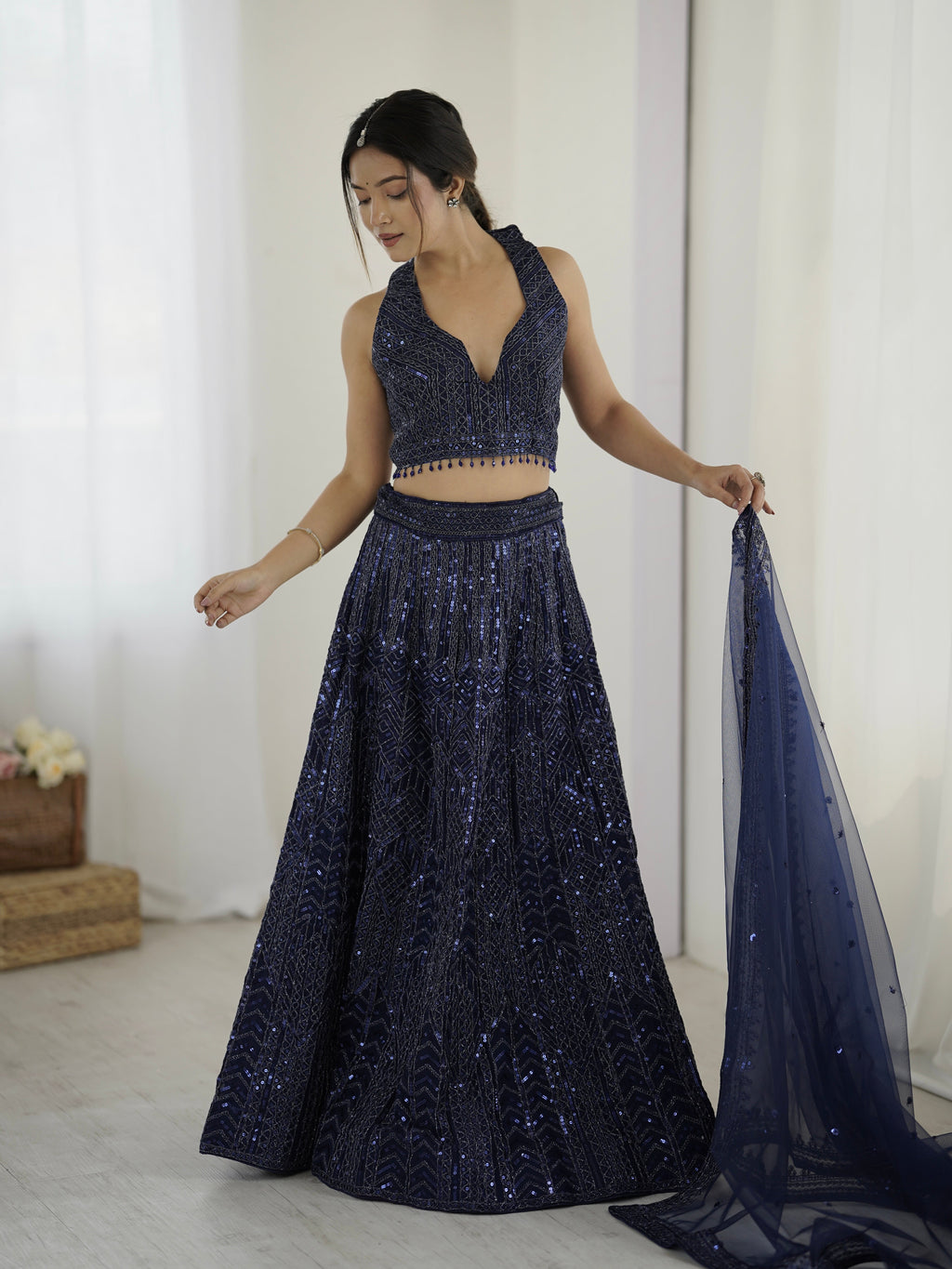 Amazing Navy Blue Heavy Sequins Dori Worked Net Lehenga Choli - ETHNICDEAL