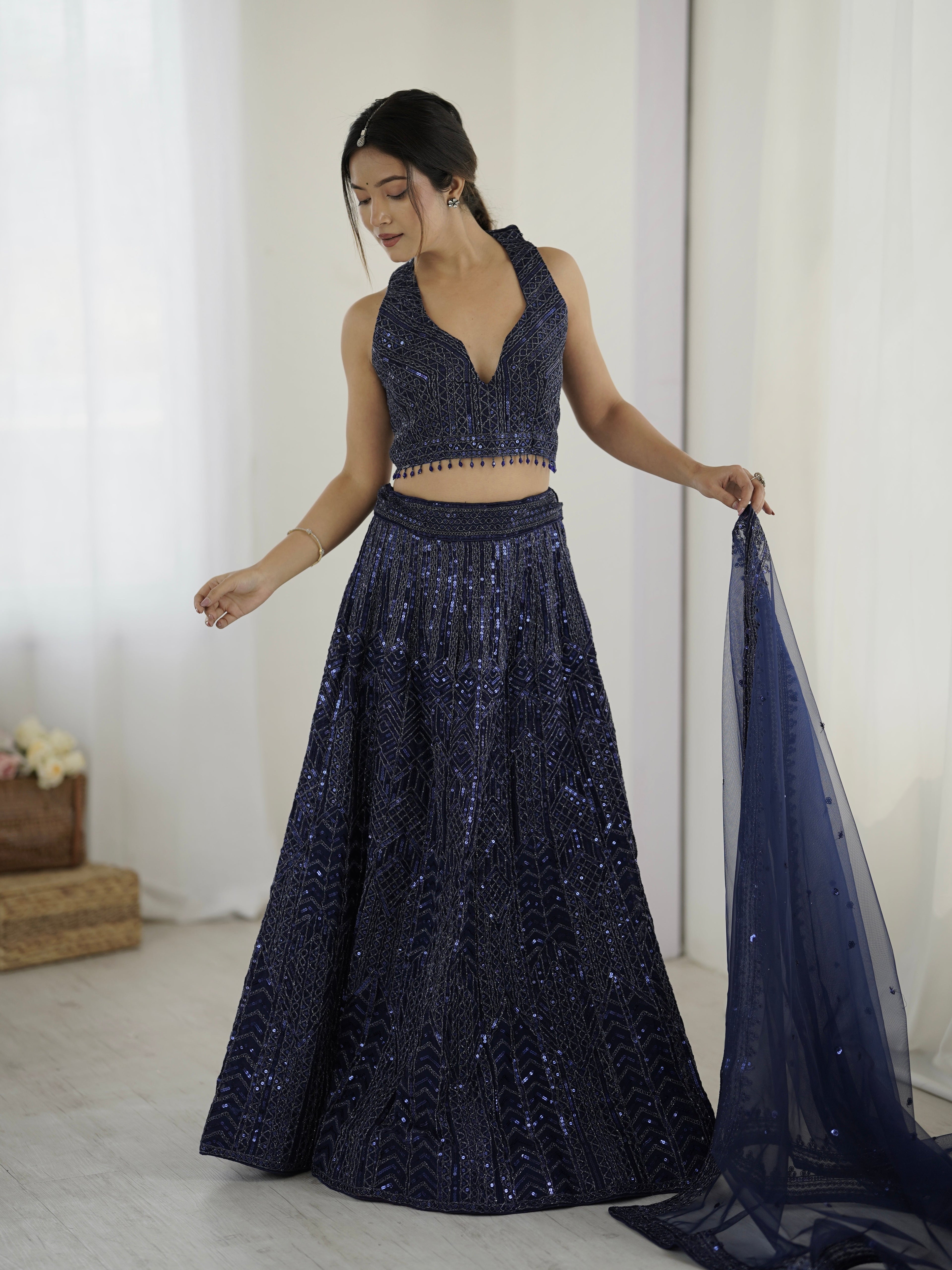 Amazing Navy Blue Heavy Sequins Dori Worked Net Lehenga Choli - ETHNICDEAL