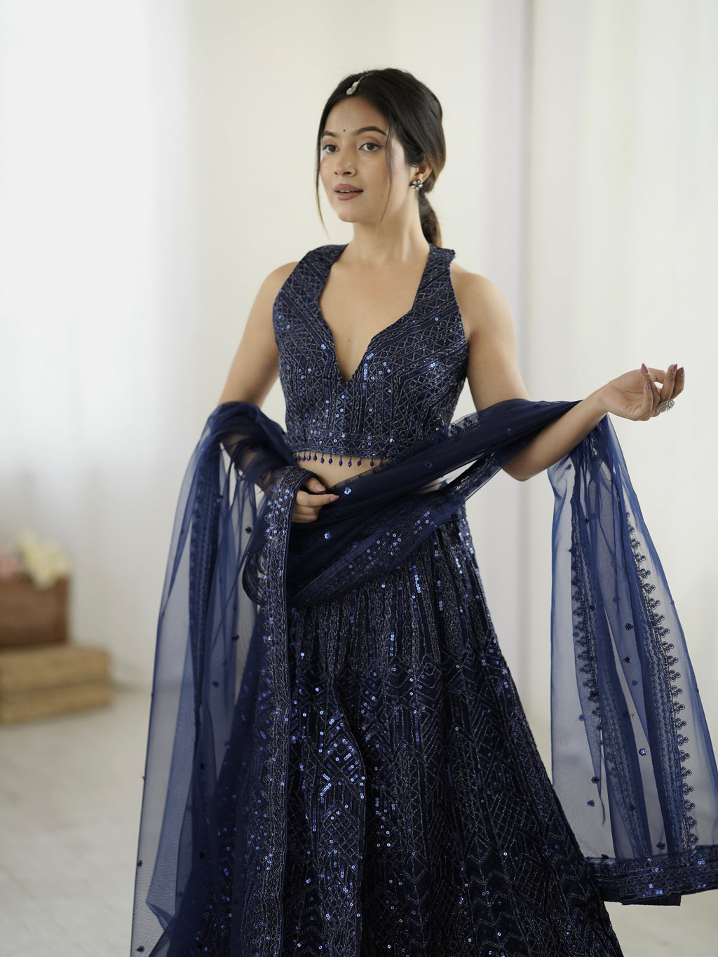 Amazing Navy Blue Heavy Sequins Dori Worked Net Lehenga Choli - ETHNICDEAL