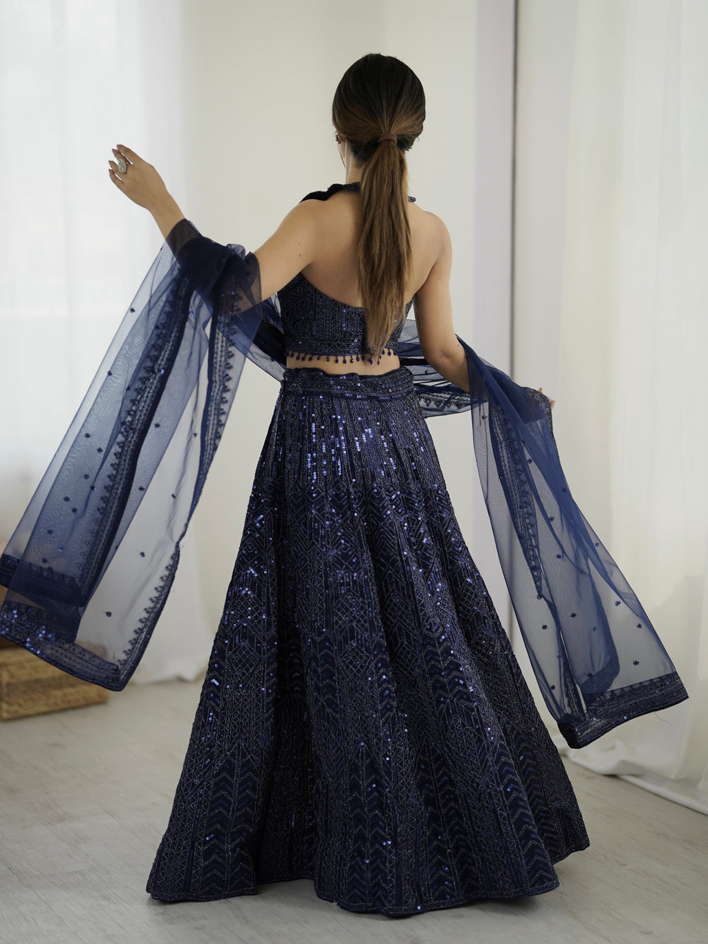 Amazing Navy Blue Heavy Sequins Dori Worked Net Lehenga Choli - ETHNICDEAL
