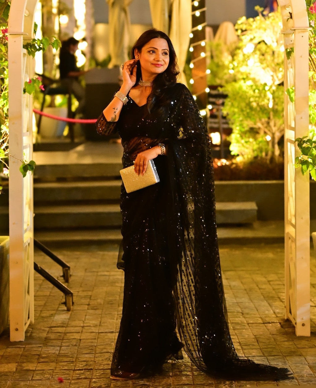 Magnificent Black Net Sequins Worked Designer Saree - Ethnicwish