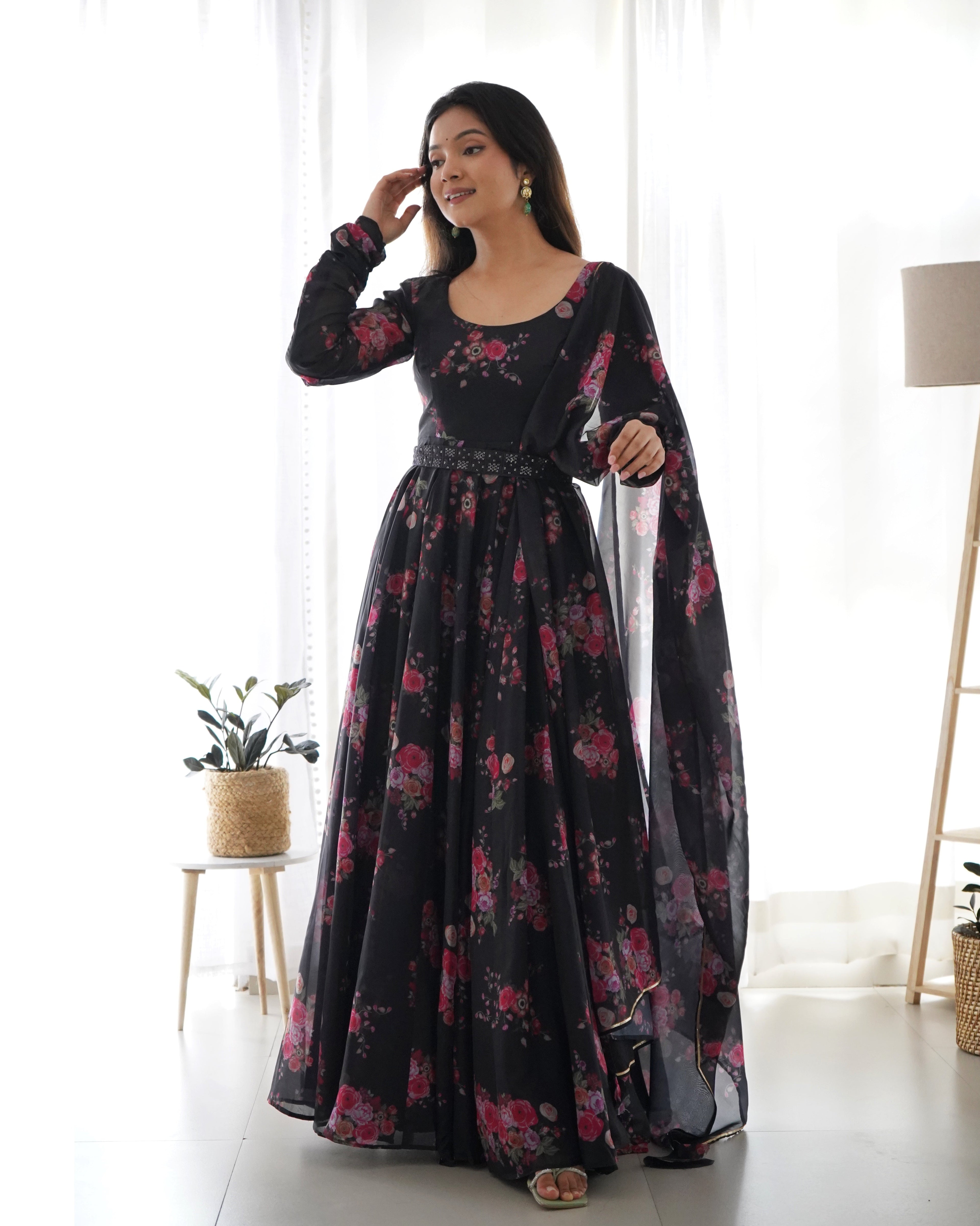 Glamorous Organza Silk Floral Printed Designer Anarkali Pant Suit - Ethnicwish
