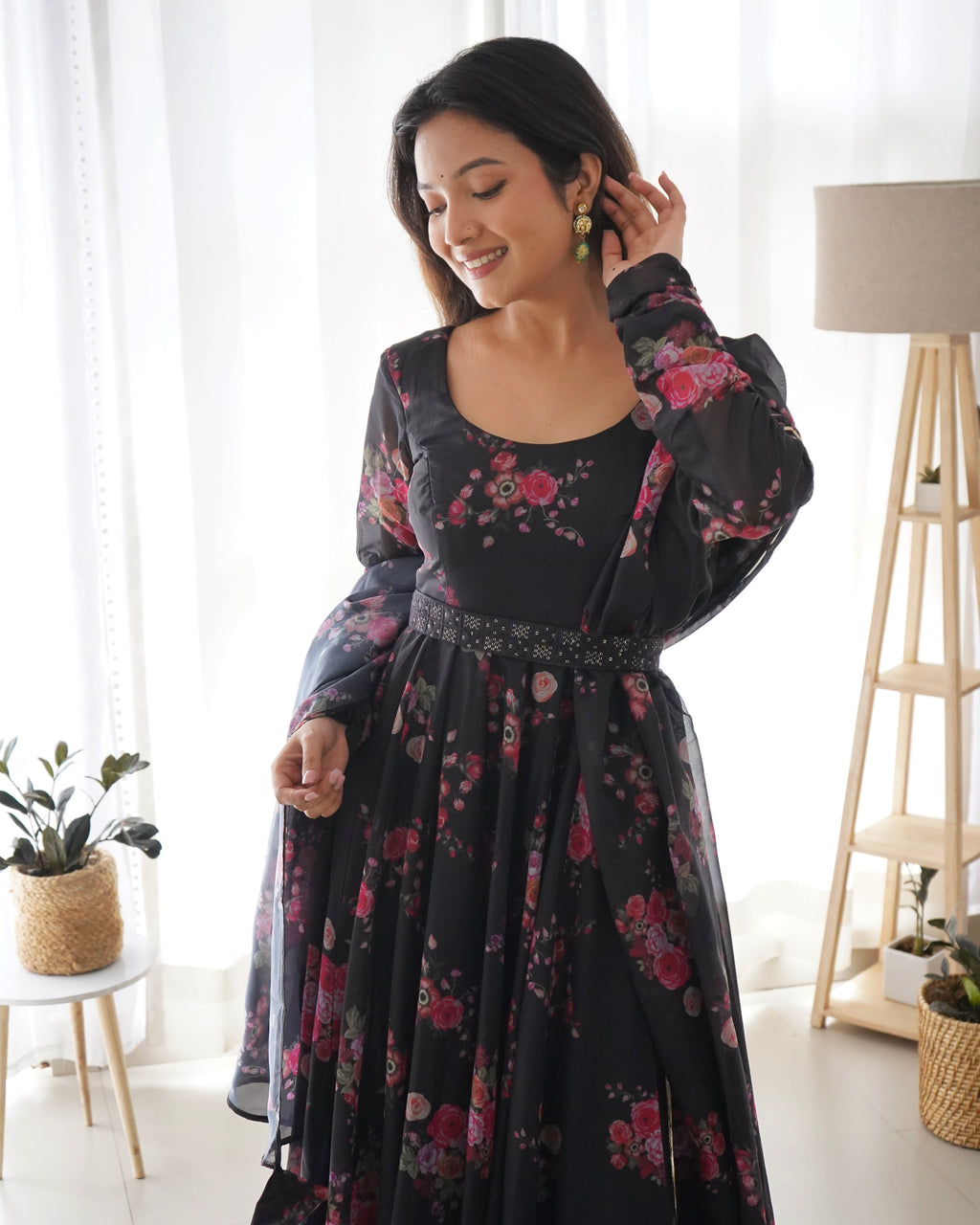 Glamorous Organza Silk Floral Printed Designer Anarkali Pant Suit - Ethnicwish