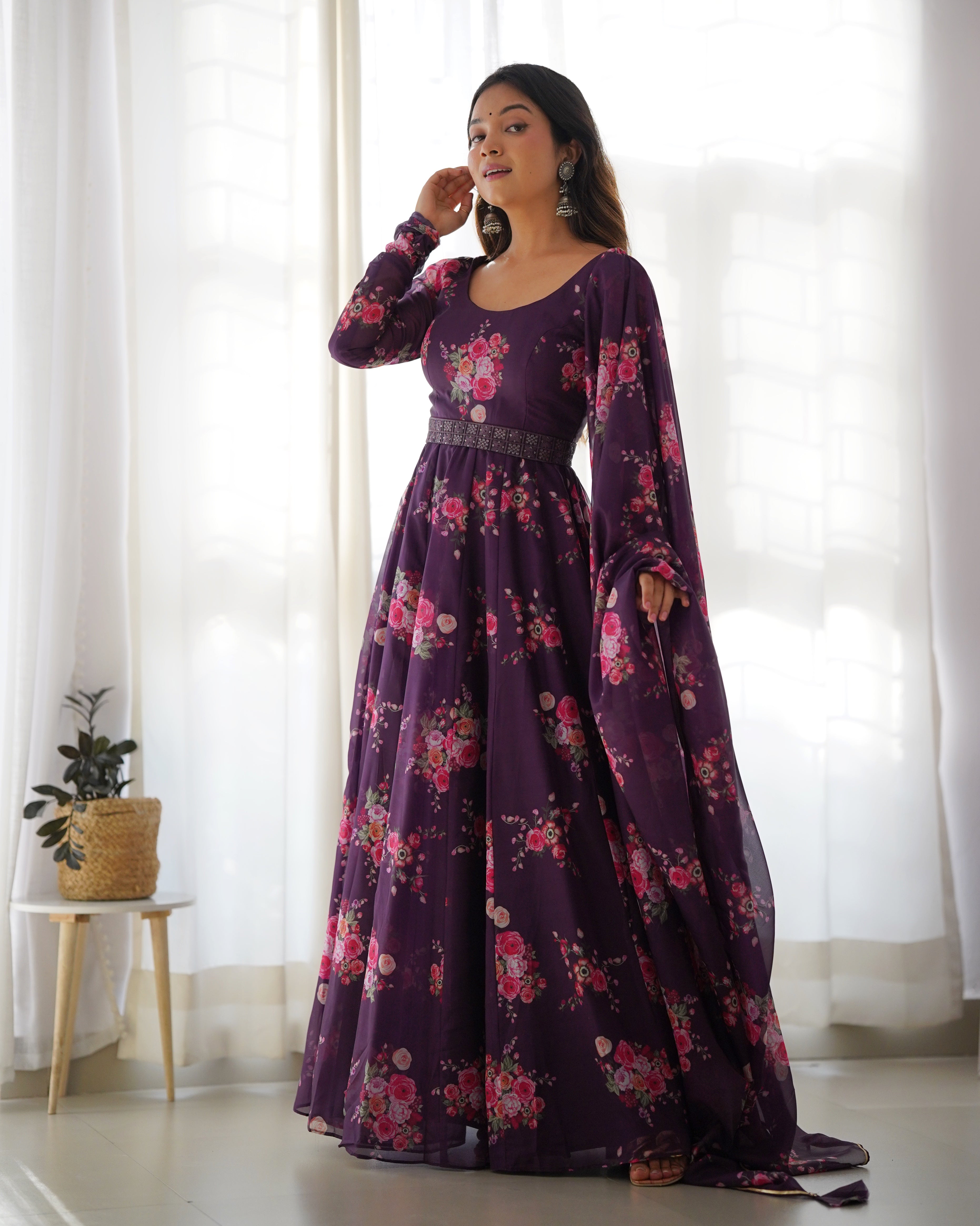 Glamorous Organza Silk Floral Printed Designer Anarkali Pant Suit - Ethnicwish