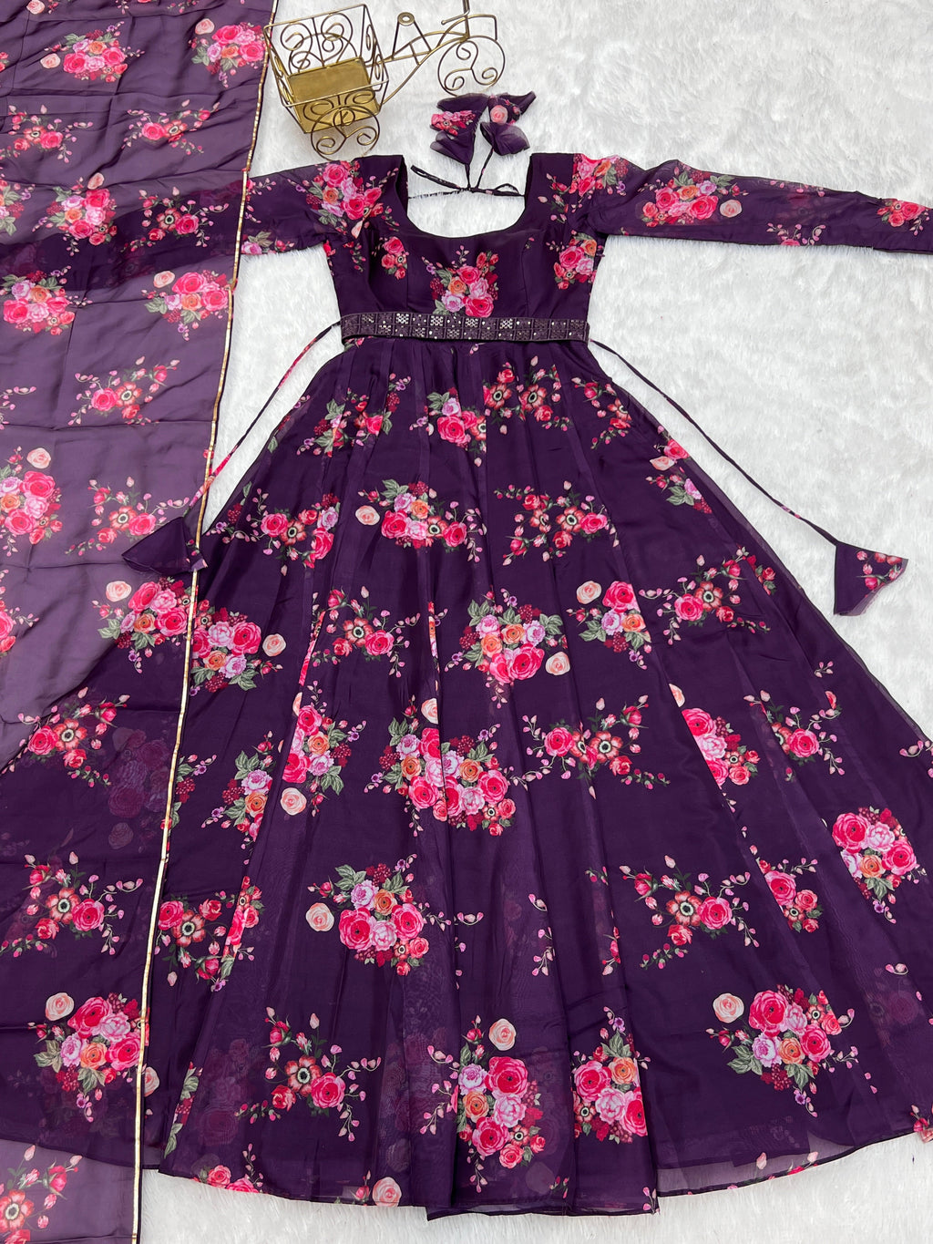 Glamorous Organza Silk Floral Printed Designer Anarkali Pant Suit - Ethnicwish