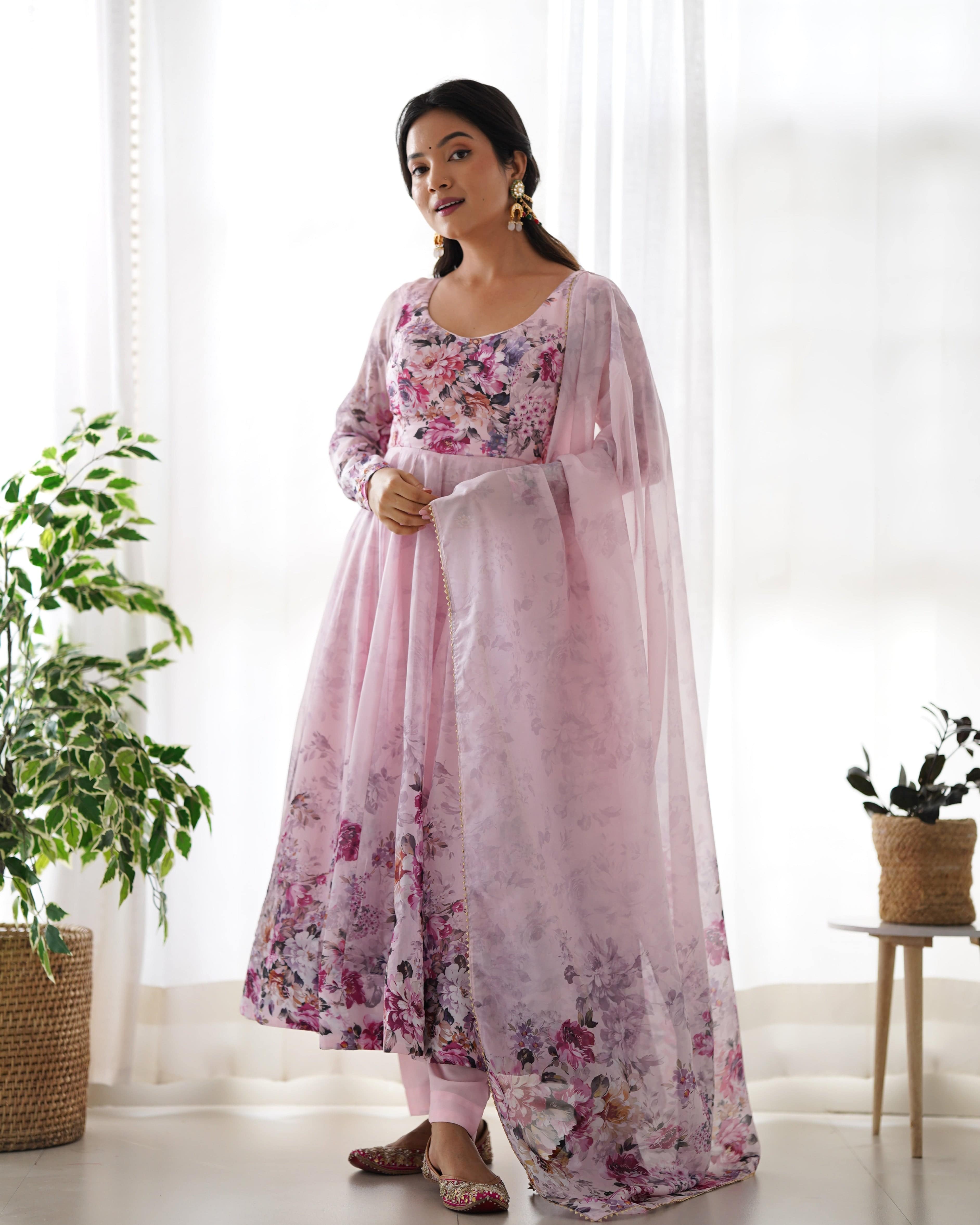 Lovely Organza Silk Floral Digital Printed Anarkali Pant Suit - Ethnicwish