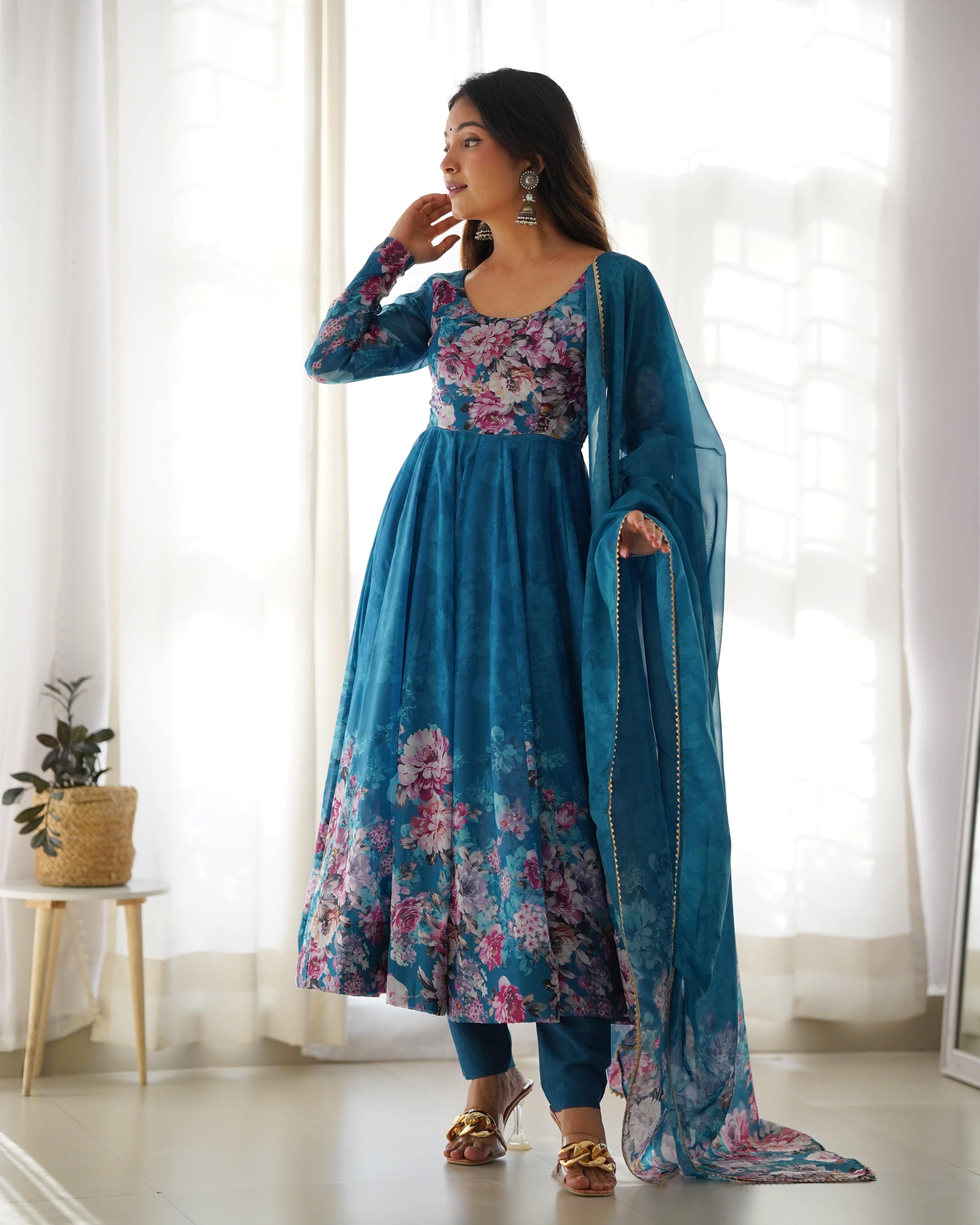 Lovely Organza Silk Floral Digital Printed Anarkali Pant Suit - Ethnicwish