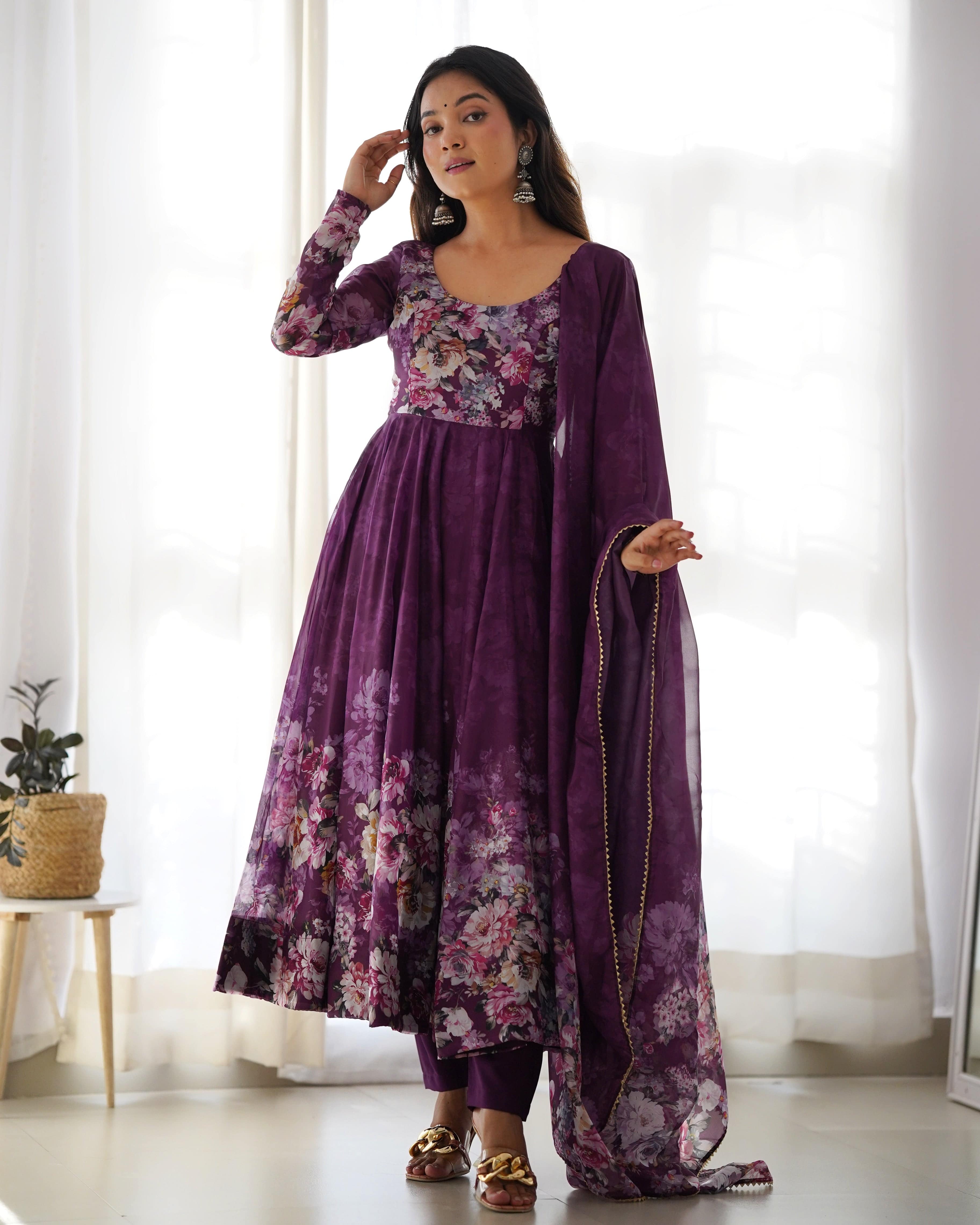 Lovely Organza Silk Floral Digital Printed Anarkali Pant Suit - Ethnicwish