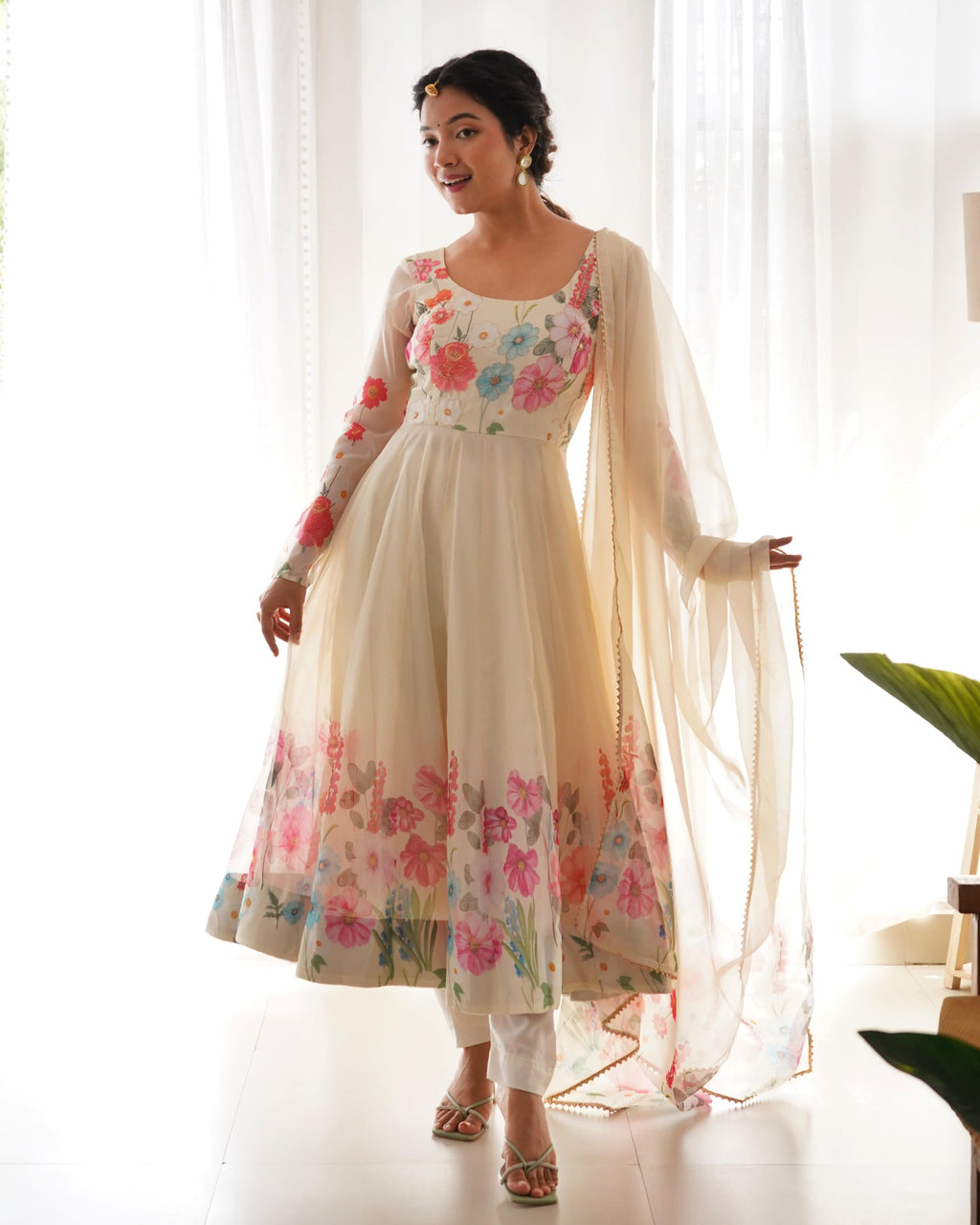 Breathtaking Organza Silk Floral Printed Designer Anarkali Pant Suit - Ethnicwish