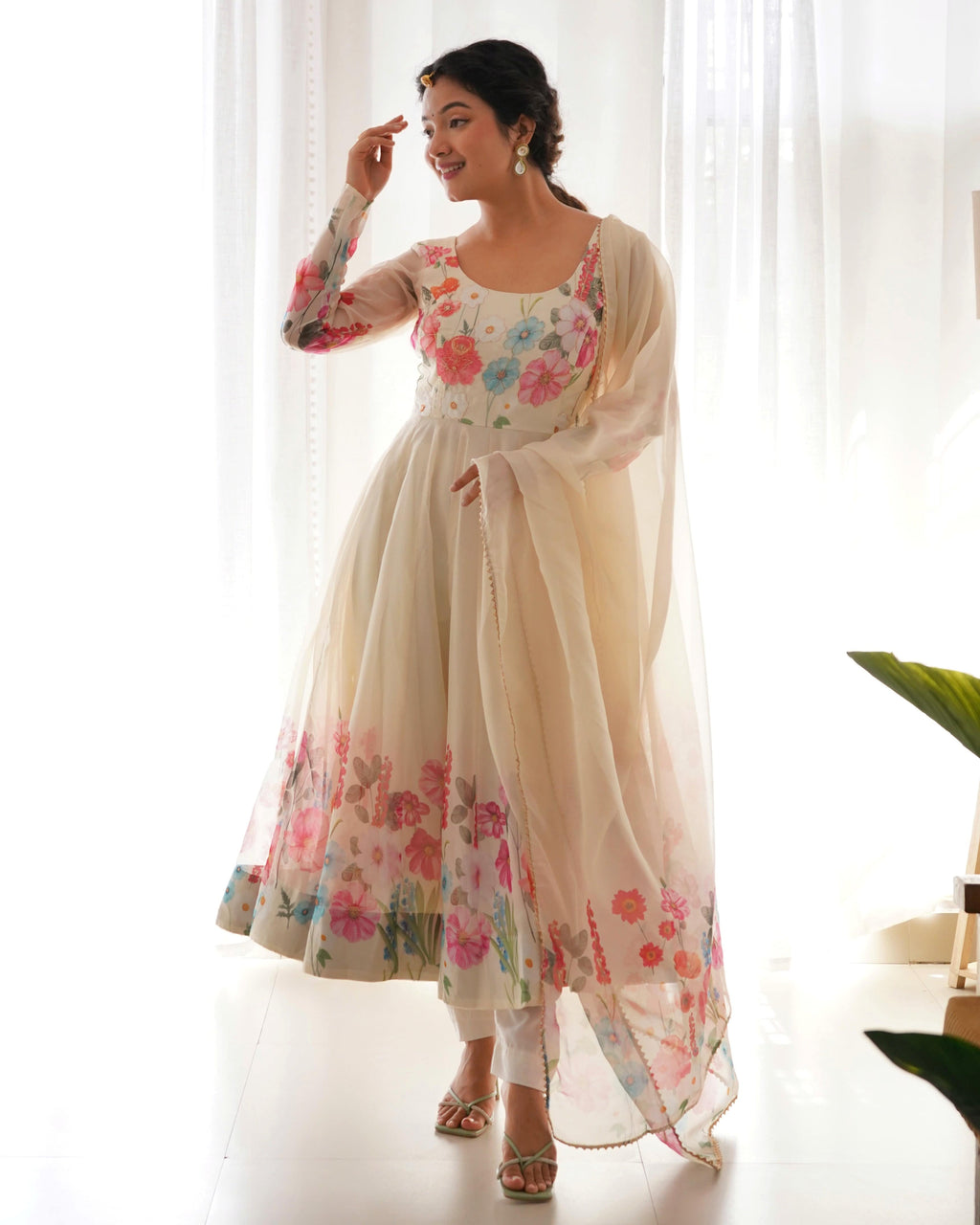 Breathtaking Organza Silk Floral Printed Designer Anarkali Pant Suit - Ethnicwish