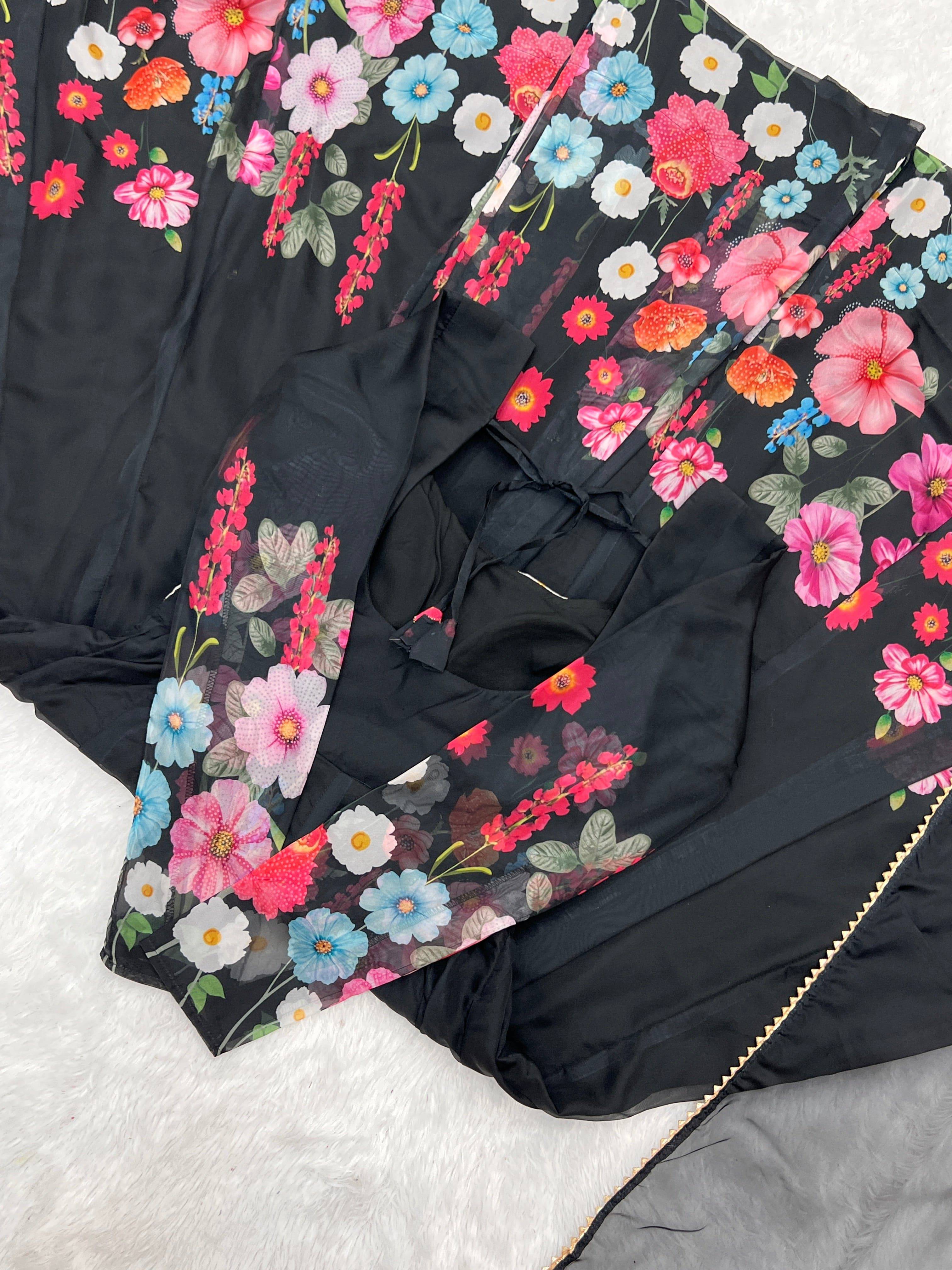 Breathtaking Organza Silk Floral Printed Designer Anarkali Pant Suit - Ethnicwish