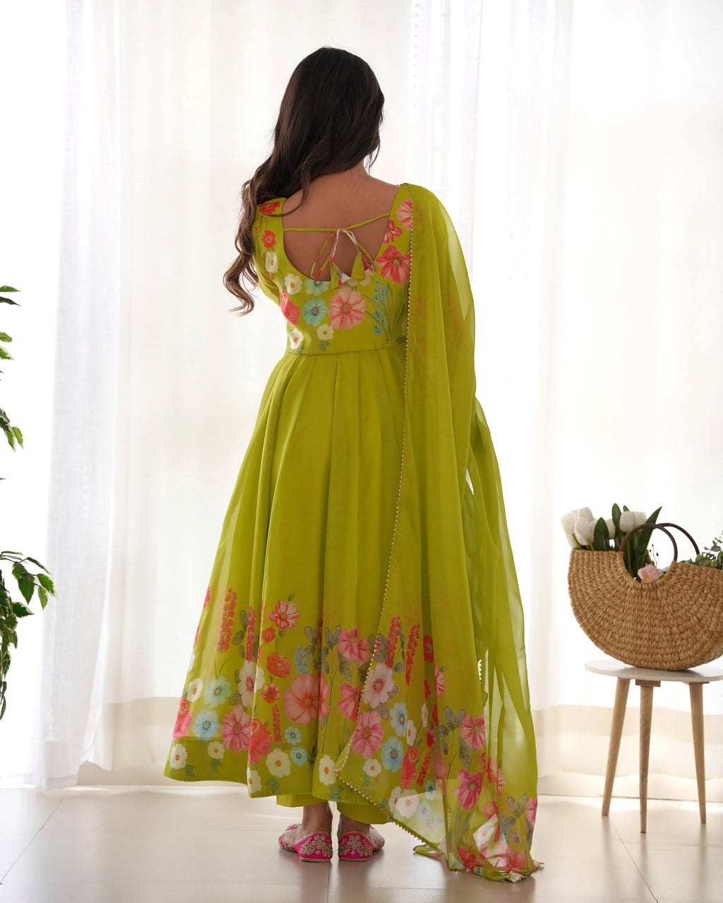 Breathtaking Organza Silk Floral Printed Designer Anarkali Pant Suit - Ethnicwish