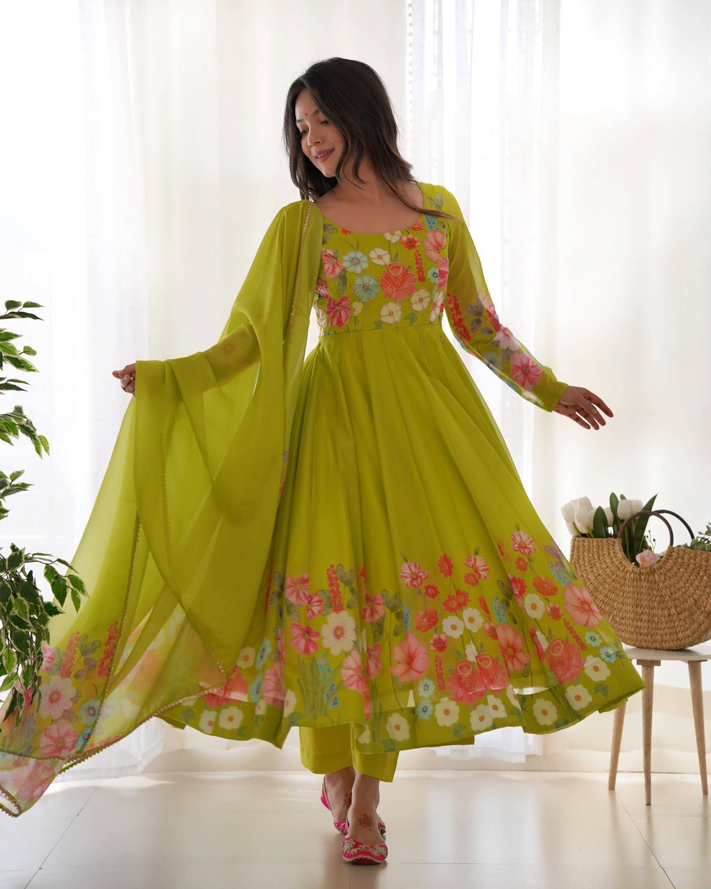 Breathtaking Organza Silk Floral Printed Designer Anarkali Pant Suit - Ethnicwish