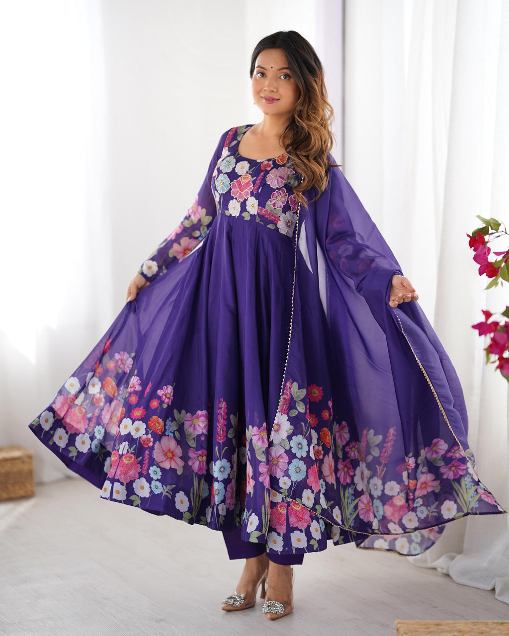 Breathtaking Organza Silk Floral Printed Designer Anarkali Pant Suit - ETHNICDEAL