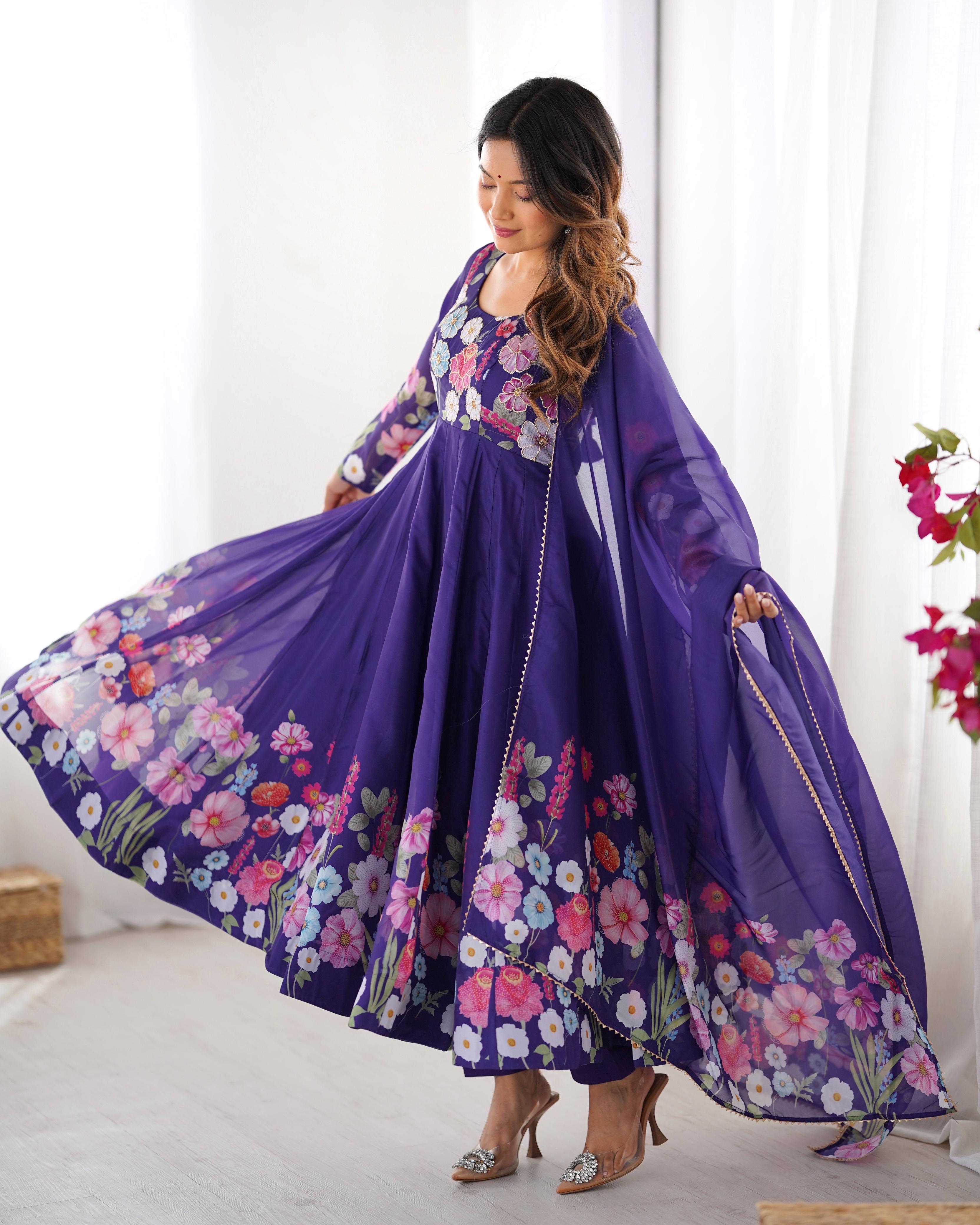 Breathtaking Organza Silk Floral Printed Designer Anarkali Pant Suit - ETHNICDEAL