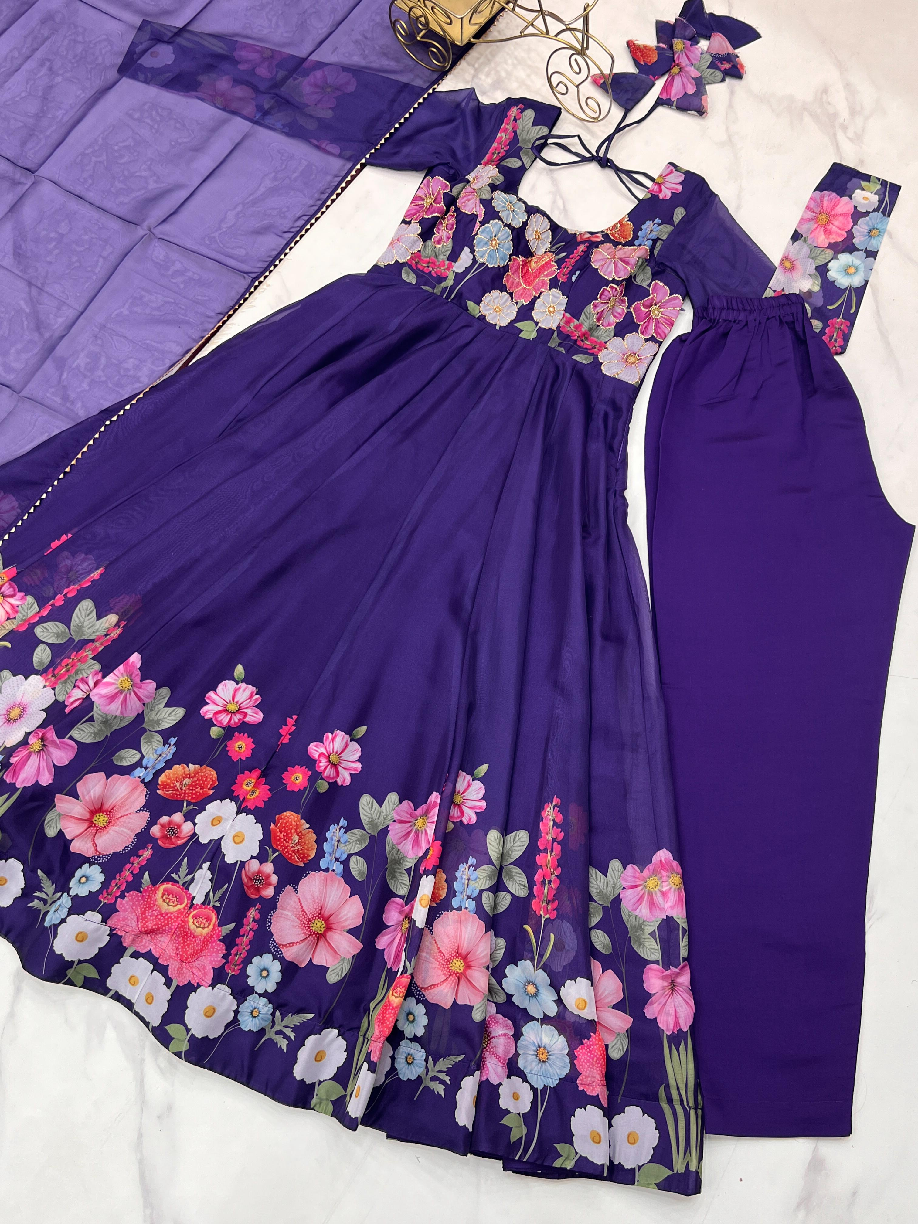 Breathtaking Organza Silk Floral Printed Designer Anarkali Pant Suit - ETHNICDEAL