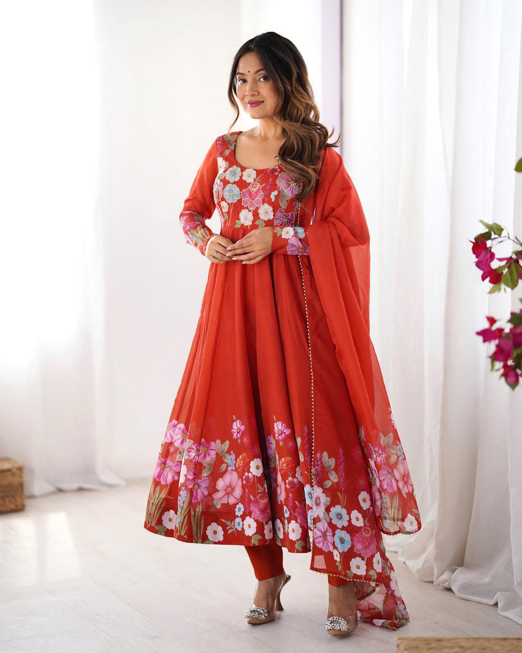 Breathtaking Organza Silk Floral Printed Designer Anarkali Pant Suit - ETHNICDEAL