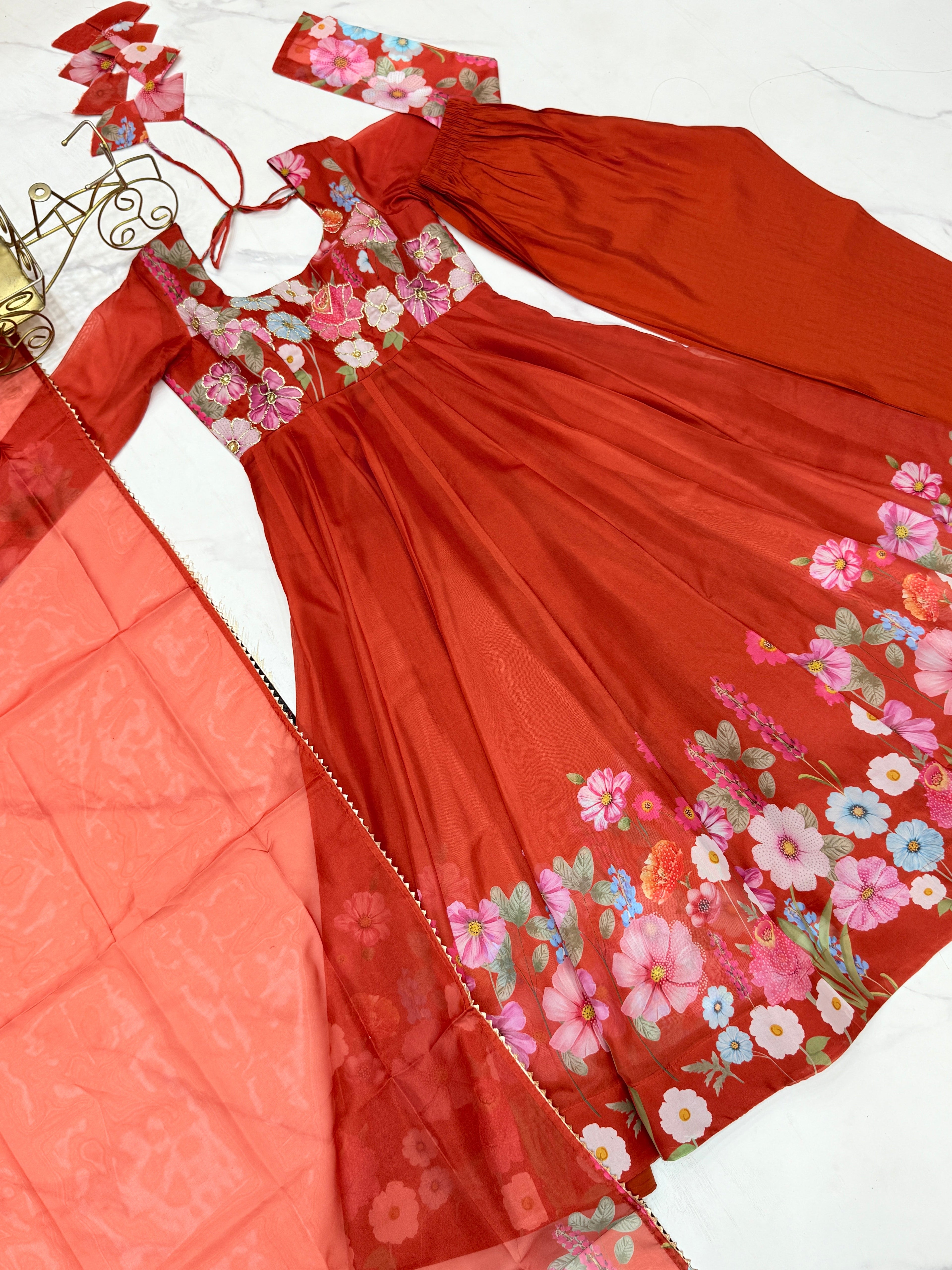 Breathtaking Organza Silk Floral Printed Designer Anarkali Pant Suit - ETHNICDEAL