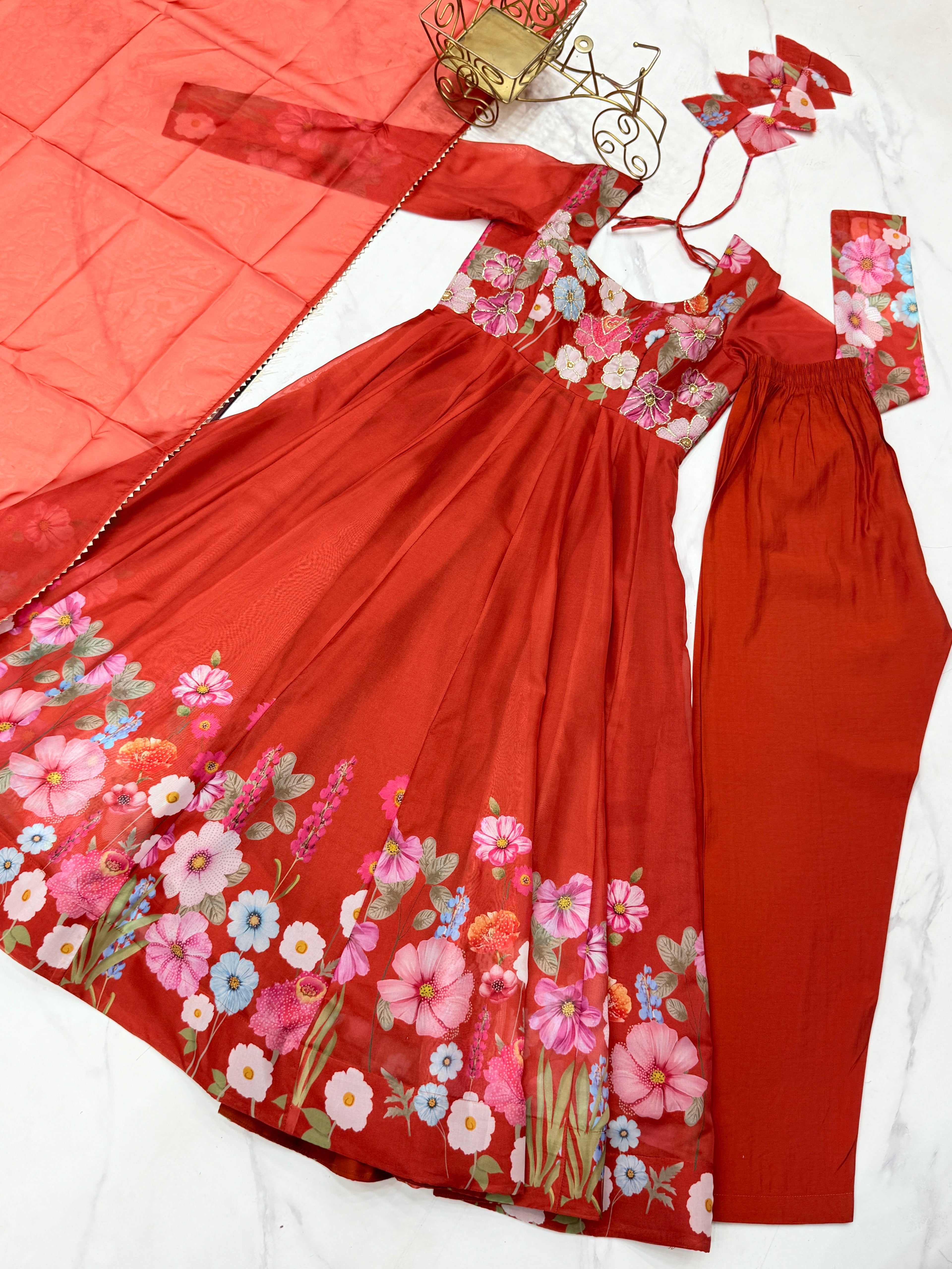 Breathtaking Organza Silk Floral Printed Designer Anarkali Pant Suit - ETHNICDEAL