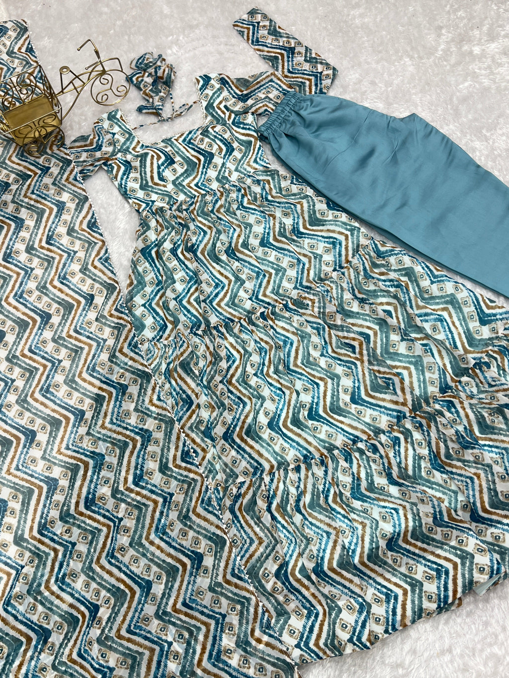 Resplendent Faux Georgette Zigzag Printed Anarkali Pant Suit - Ethnicwish