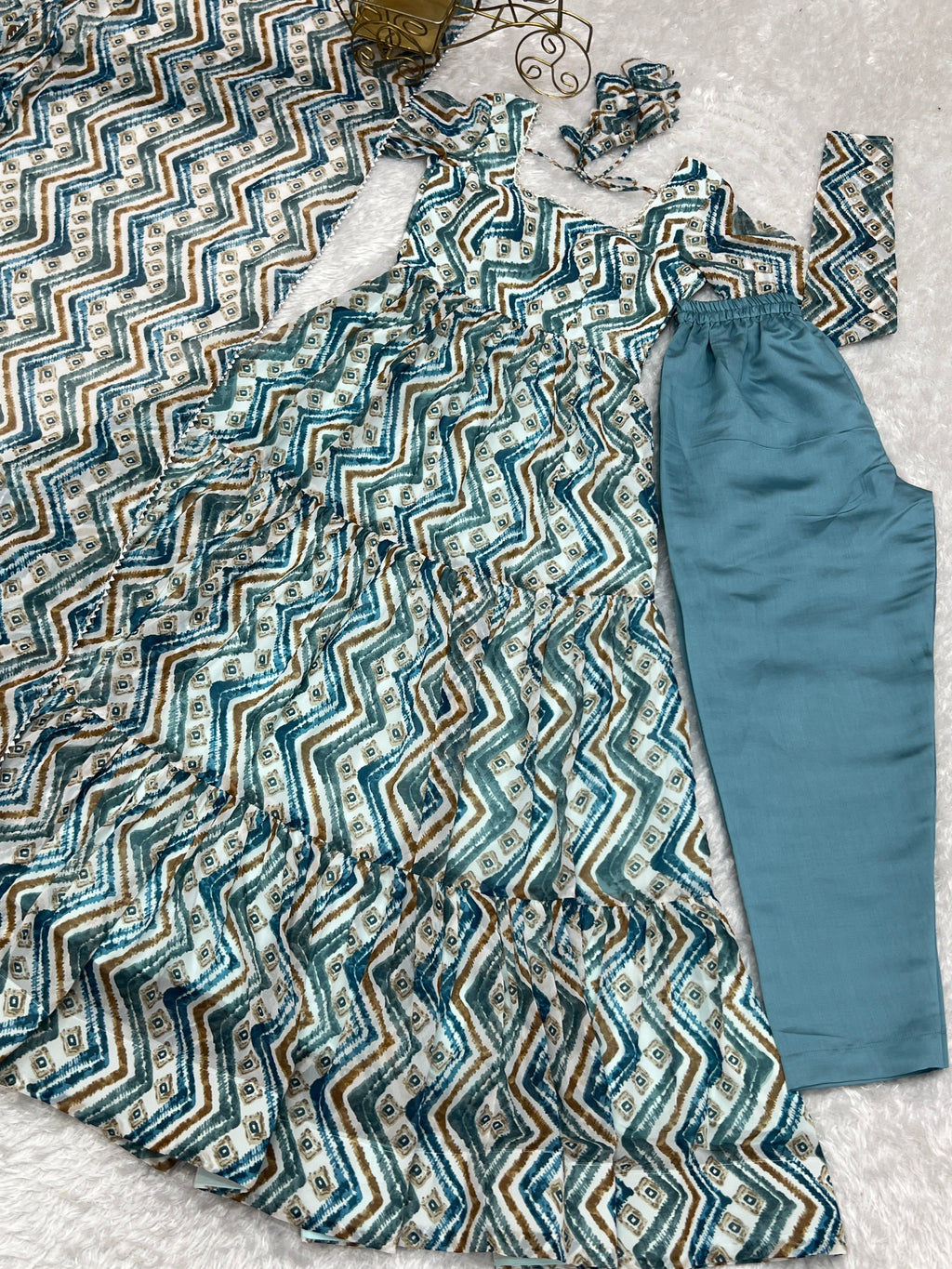 Resplendent Faux Georgette Zigzag Printed Anarkali Pant Suit - Ethnicwish