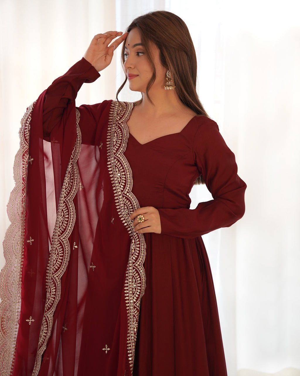 Exquisite Pure Romansilk Chanderi Designer Anarkali Pant Suit - Ethnicwish