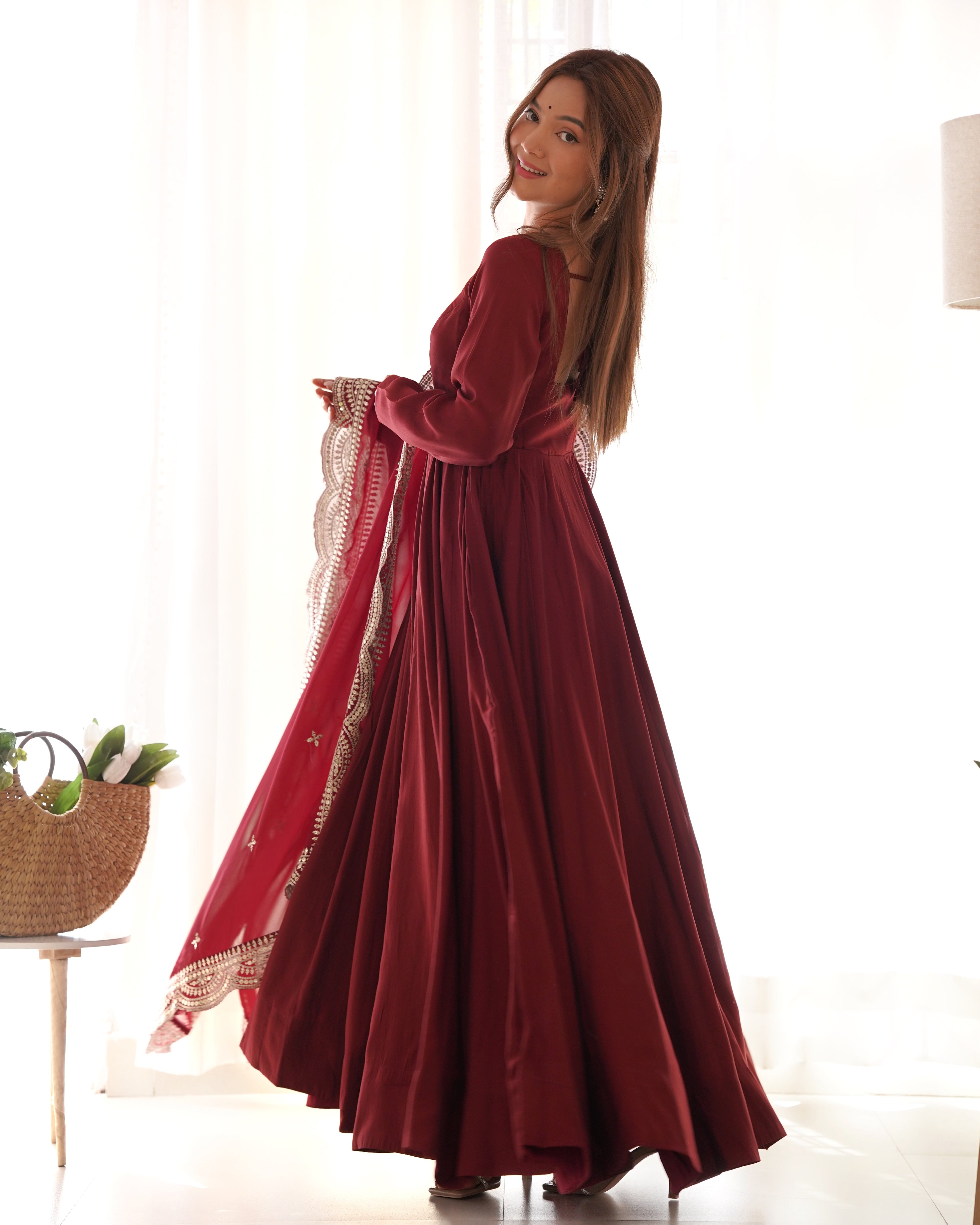 Exquisite Pure Romansilk Chanderi Designer Anarkali Pant Suit - Ethnicwish