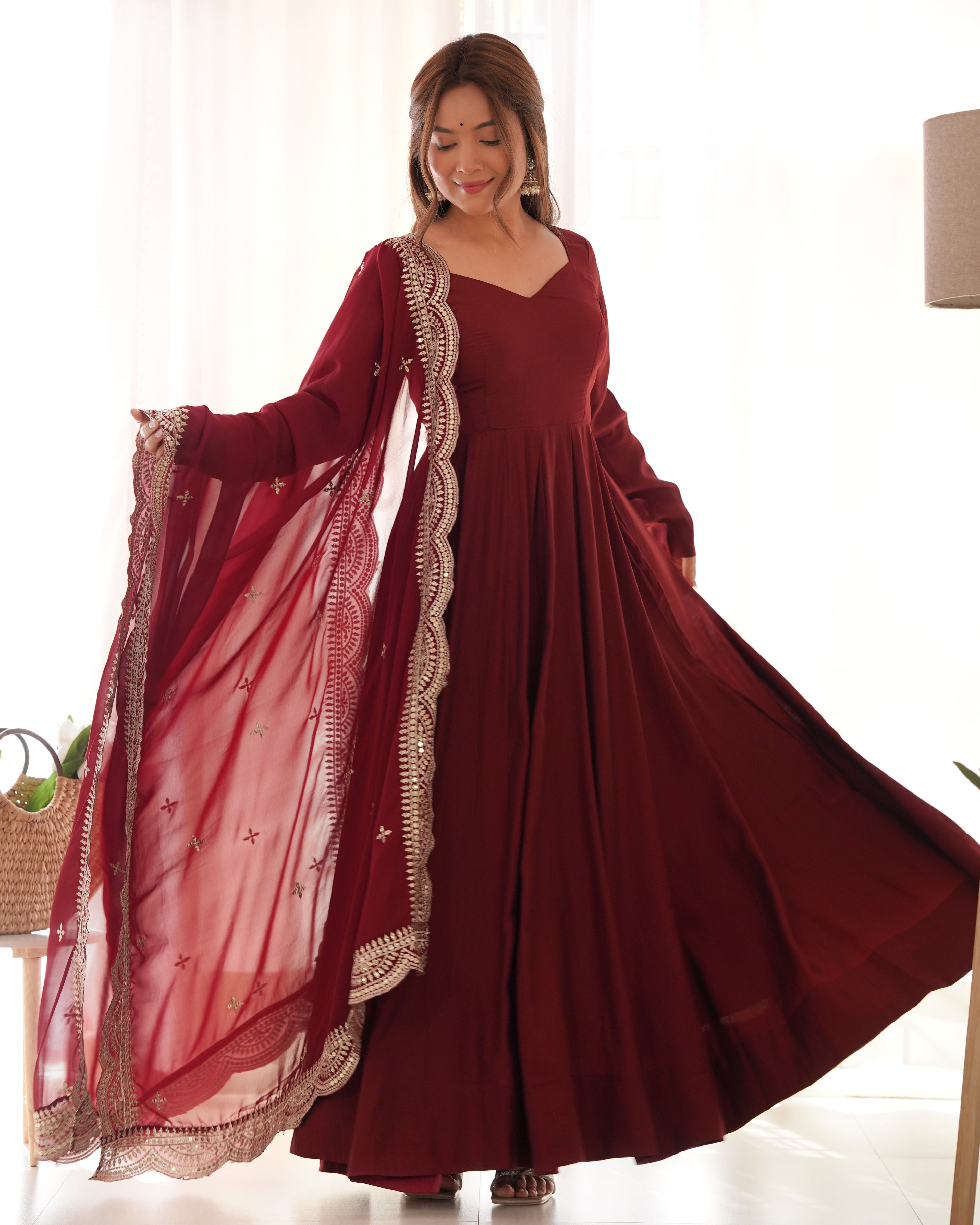 Exquisite Pure Romansilk Chanderi Designer Anarkali Pant Suit - Ethnicwish