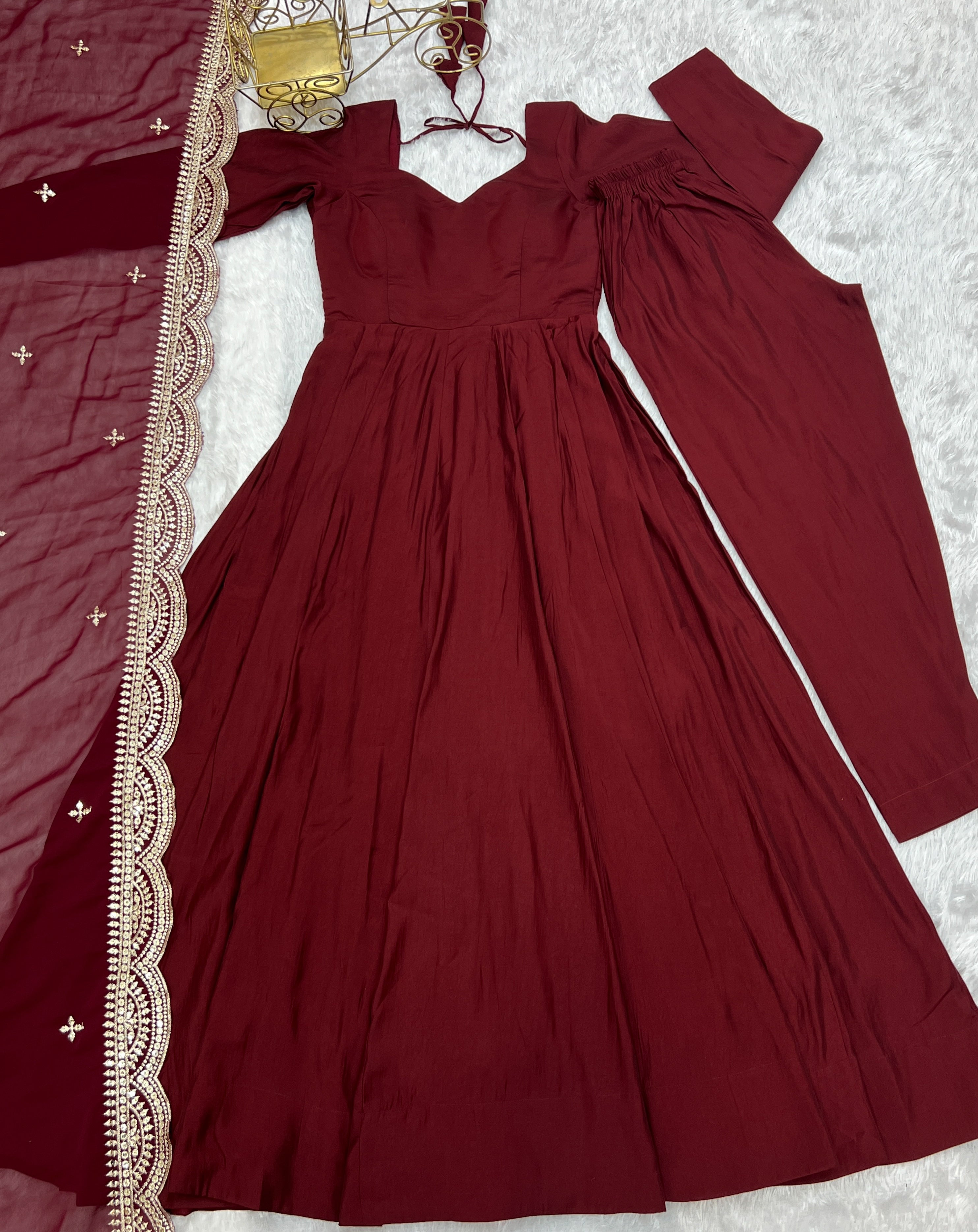Exquisite Pure Romansilk Chanderi Designer Anarkali Pant Suit - Ethnicwish