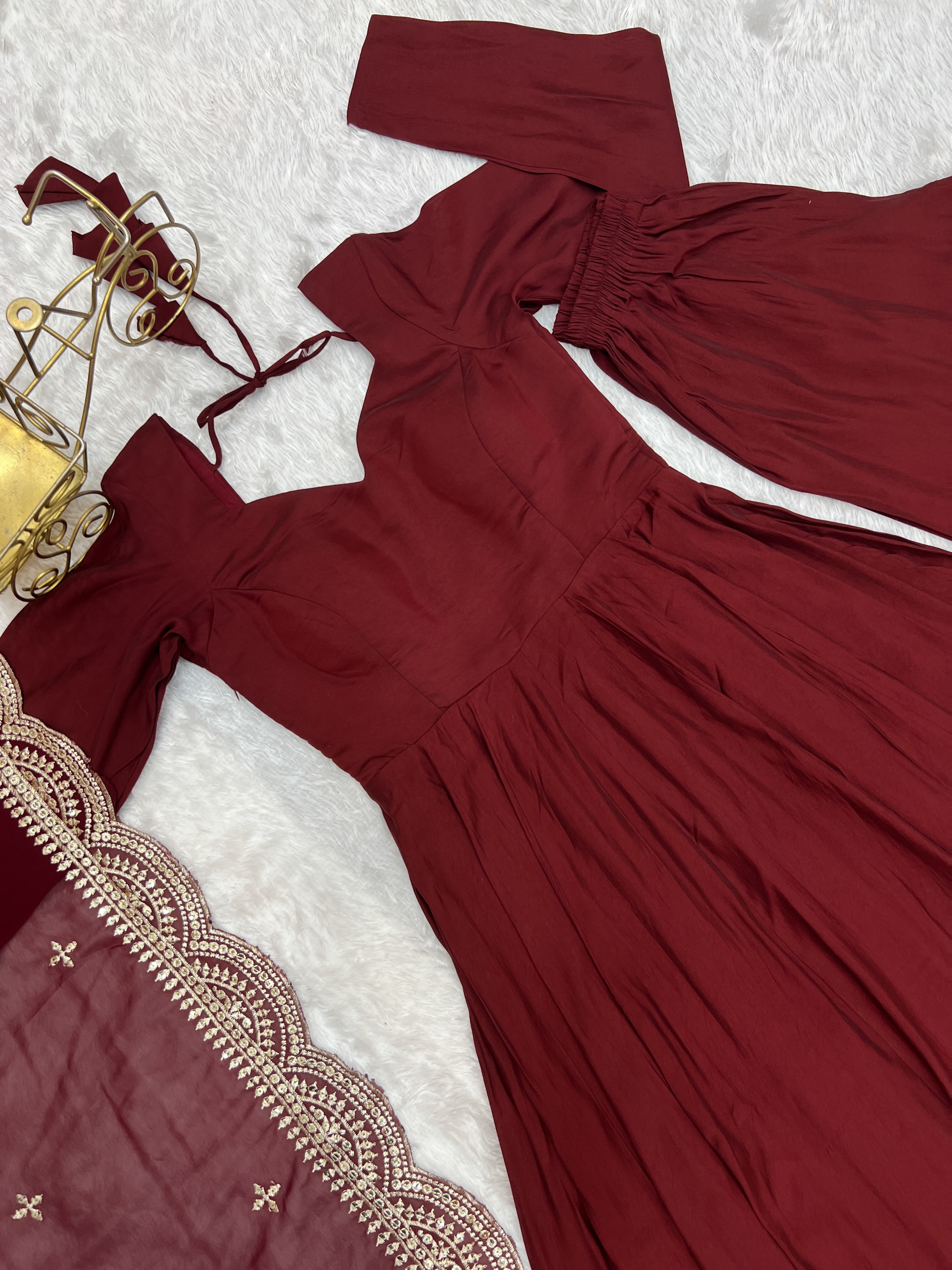 Exquisite Pure Romansilk Chanderi Designer Anarkali Pant Suit - Ethnicwish