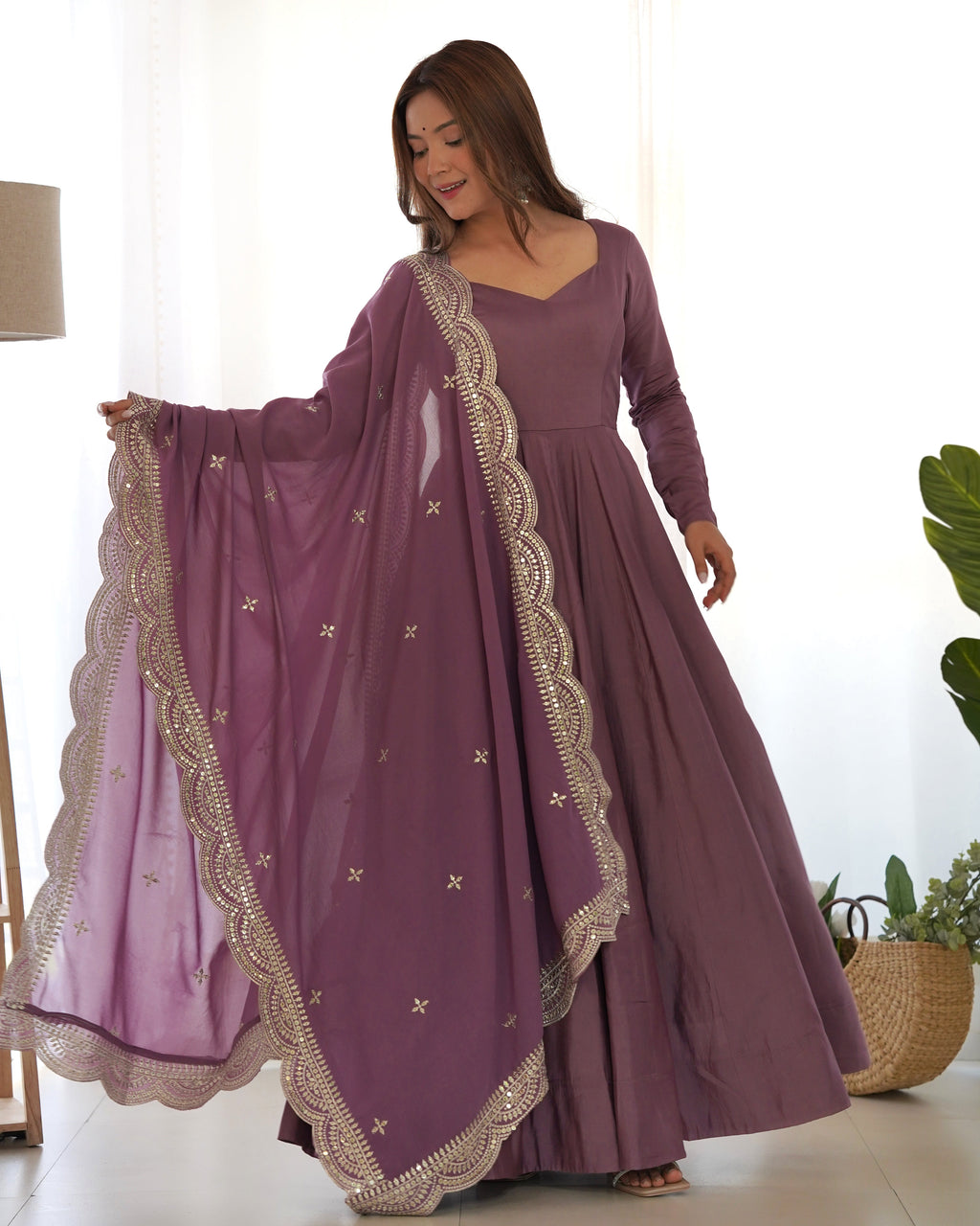 Exquisite Pure Romansilk Chanderi Designer Anarkali Pant Suit - Ethnicwish