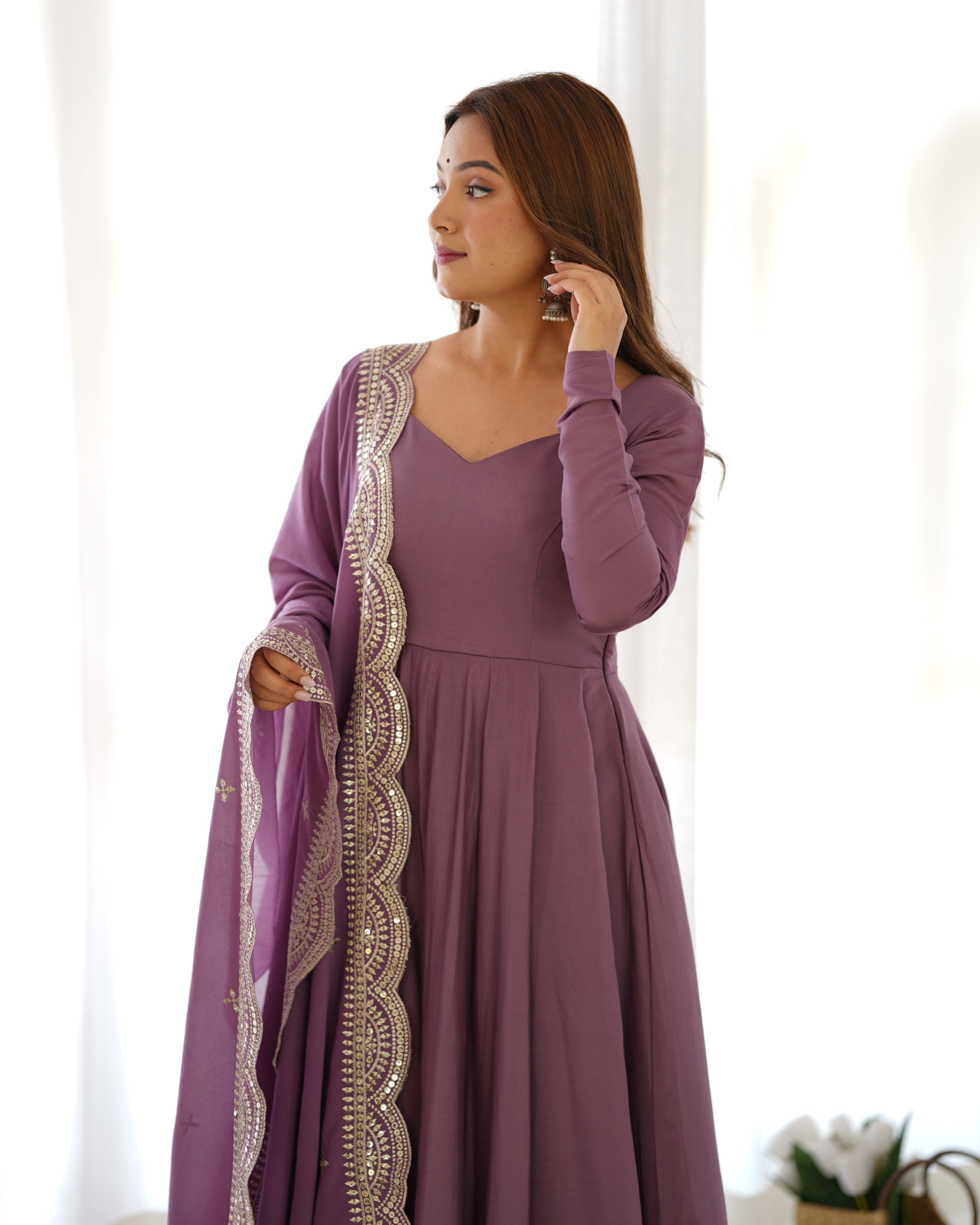 Exquisite Pure Romansilk Chanderi Designer Anarkali Pant Suit - Ethnicwish