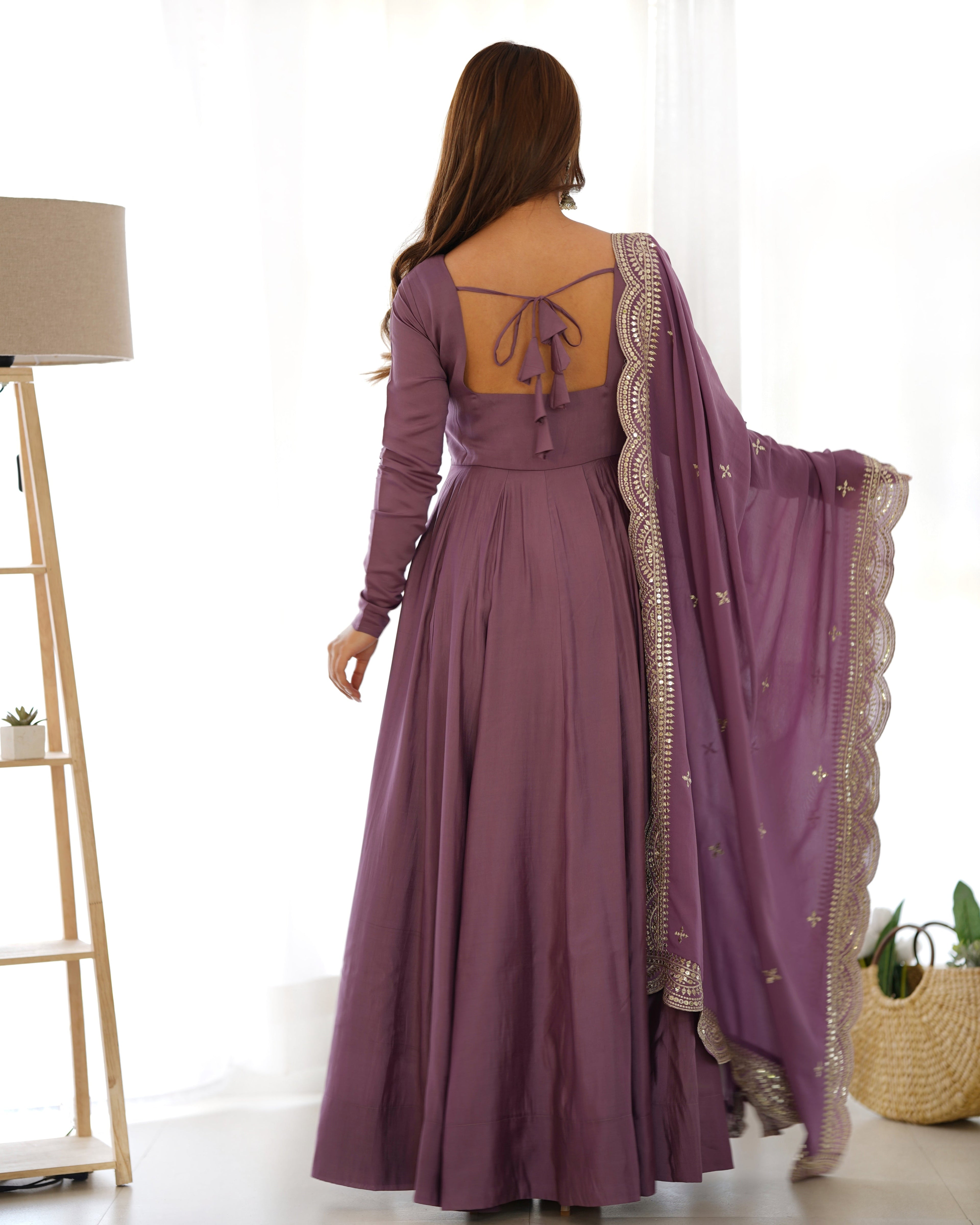 Exquisite Pure Romansilk Chanderi Designer Anarkali Pant Suit - Ethnicwish