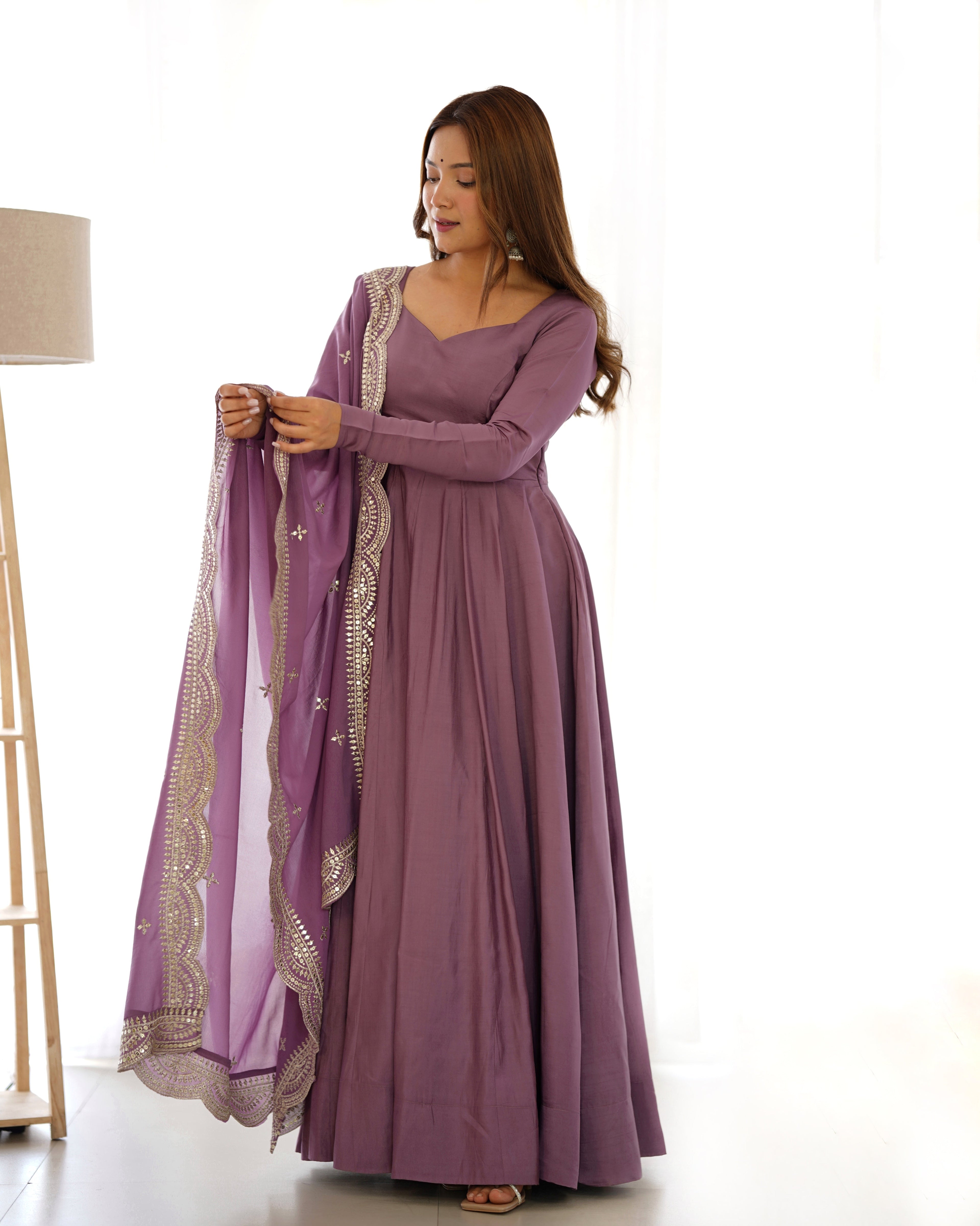 Exquisite Pure Romansilk Chanderi Designer Anarkali Pant Suit - Ethnicwish