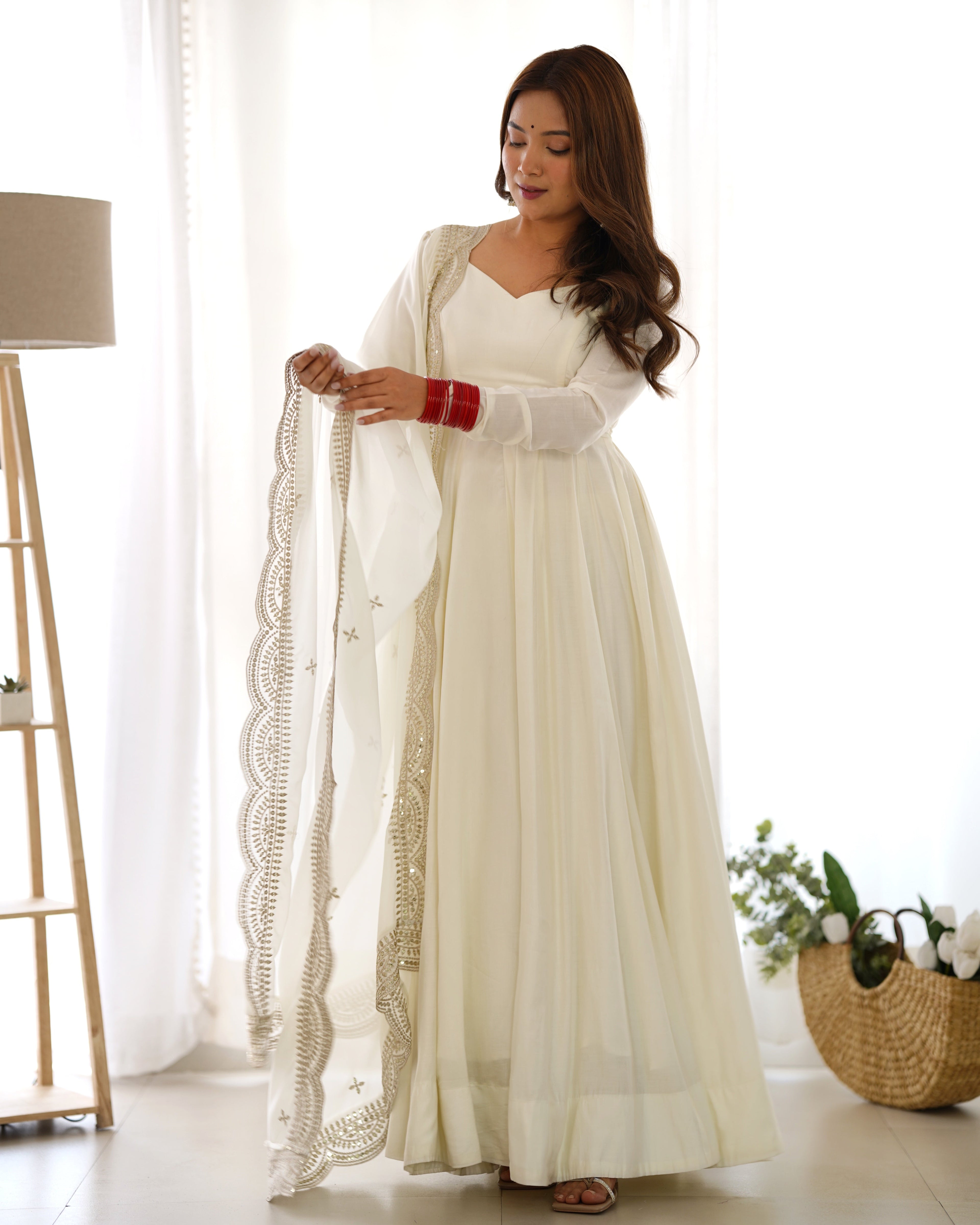 Exquisite Pure Romansilk Chanderi Designer Anarkali Pant Suit - Ethnicwish