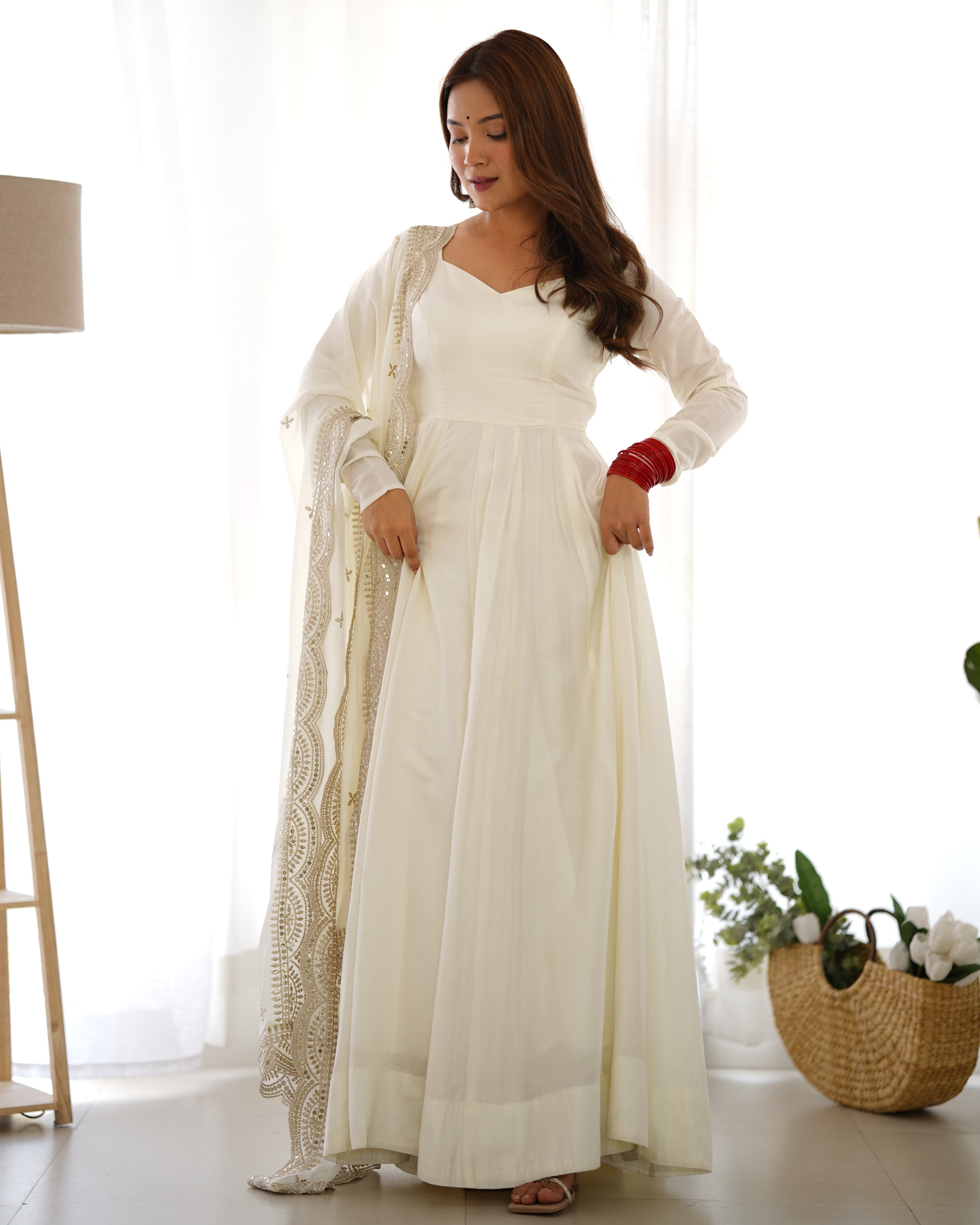 Exquisite Pure Romansilk Chanderi Designer Anarkali Pant Suit - Ethnicwish