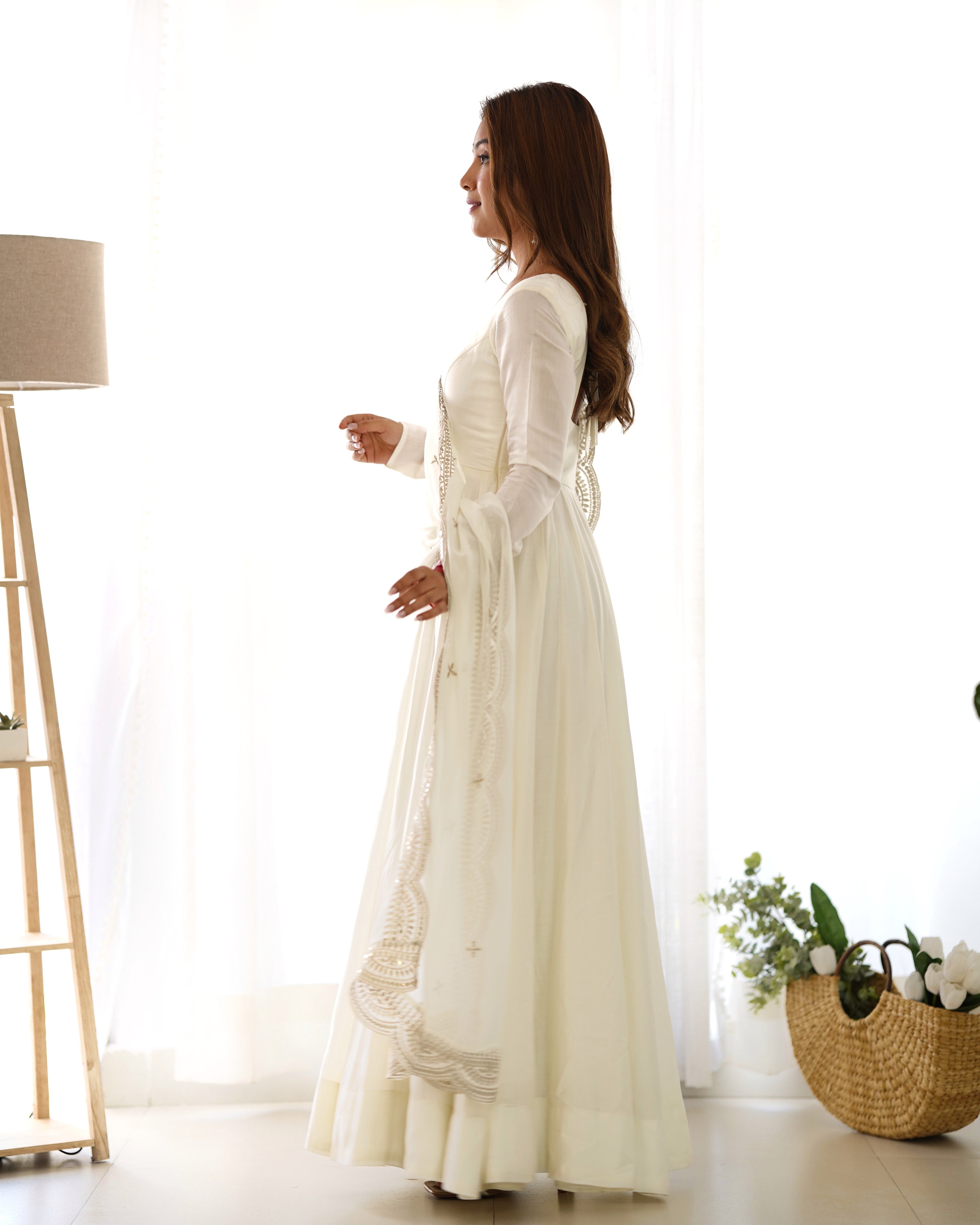 Exquisite Pure Romansilk Chanderi Designer Anarkali Pant Suit - Ethnicwish