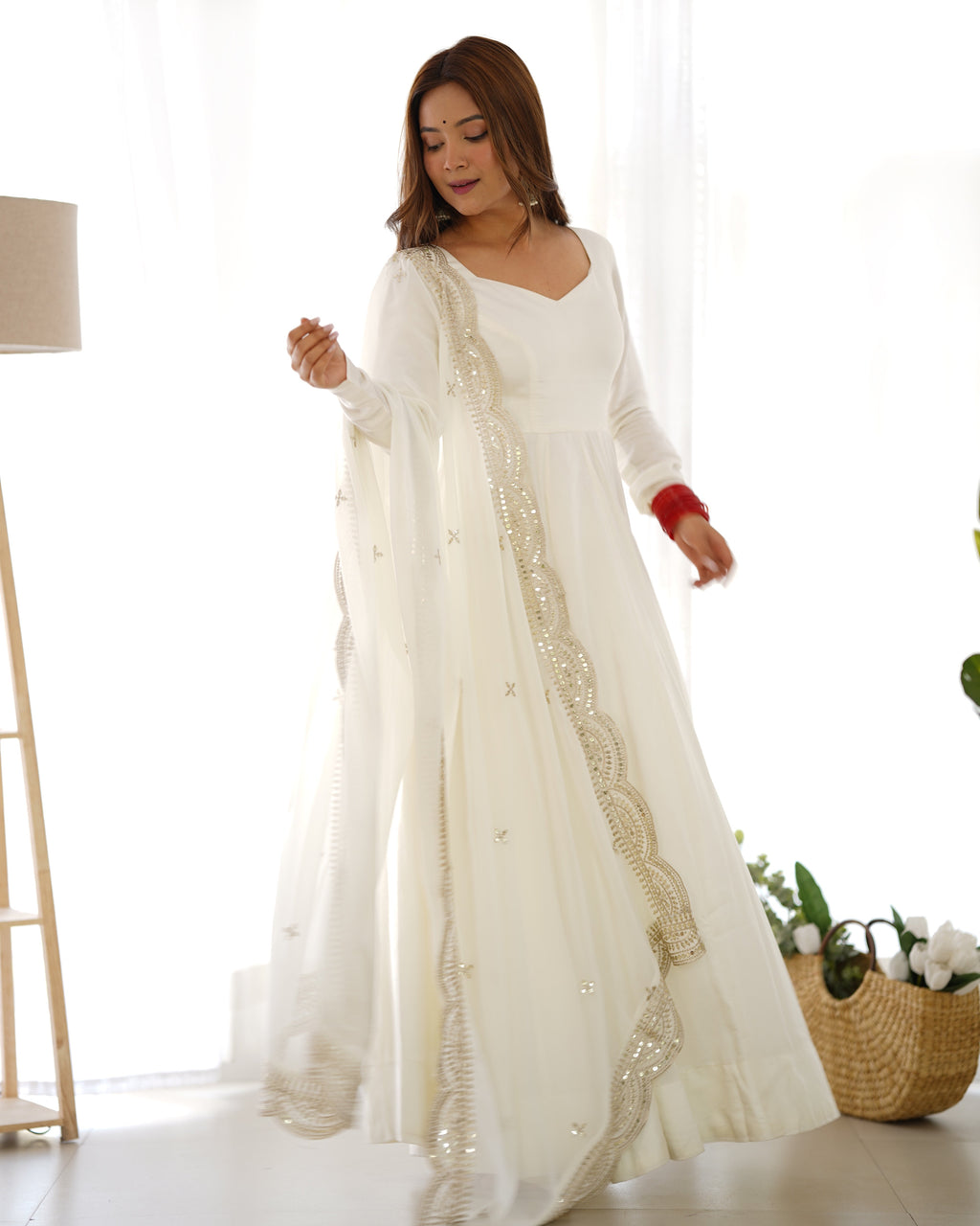 Exquisite Pure Romansilk Chanderi Designer Anarkali Pant Suit - Ethnicwish