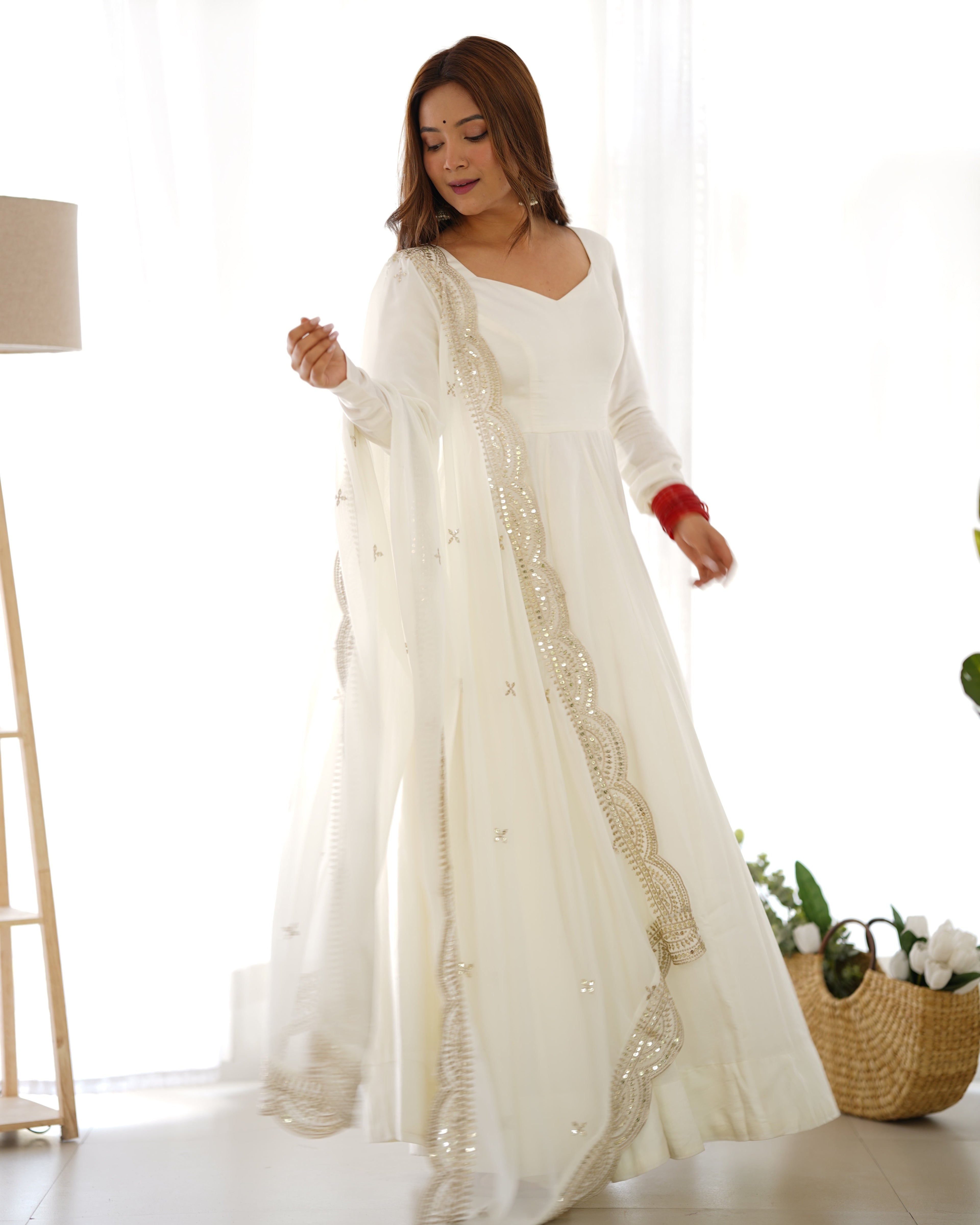 Exquisite Pure Romansilk Chanderi Designer Anarkali Pant Suit - Ethnicwish