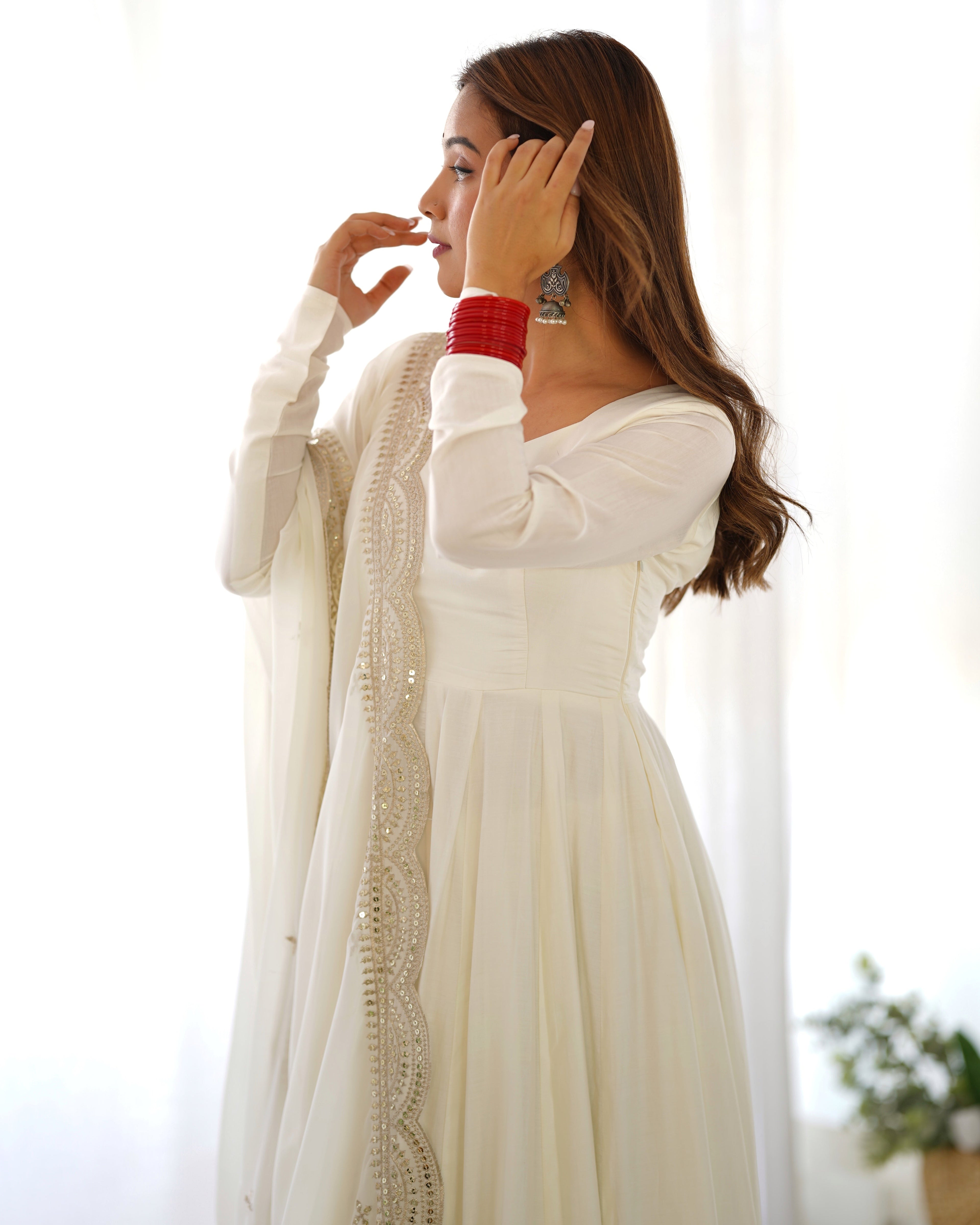 Exquisite Pure Romansilk Chanderi Designer Anarkali Pant Suit - Ethnicwish