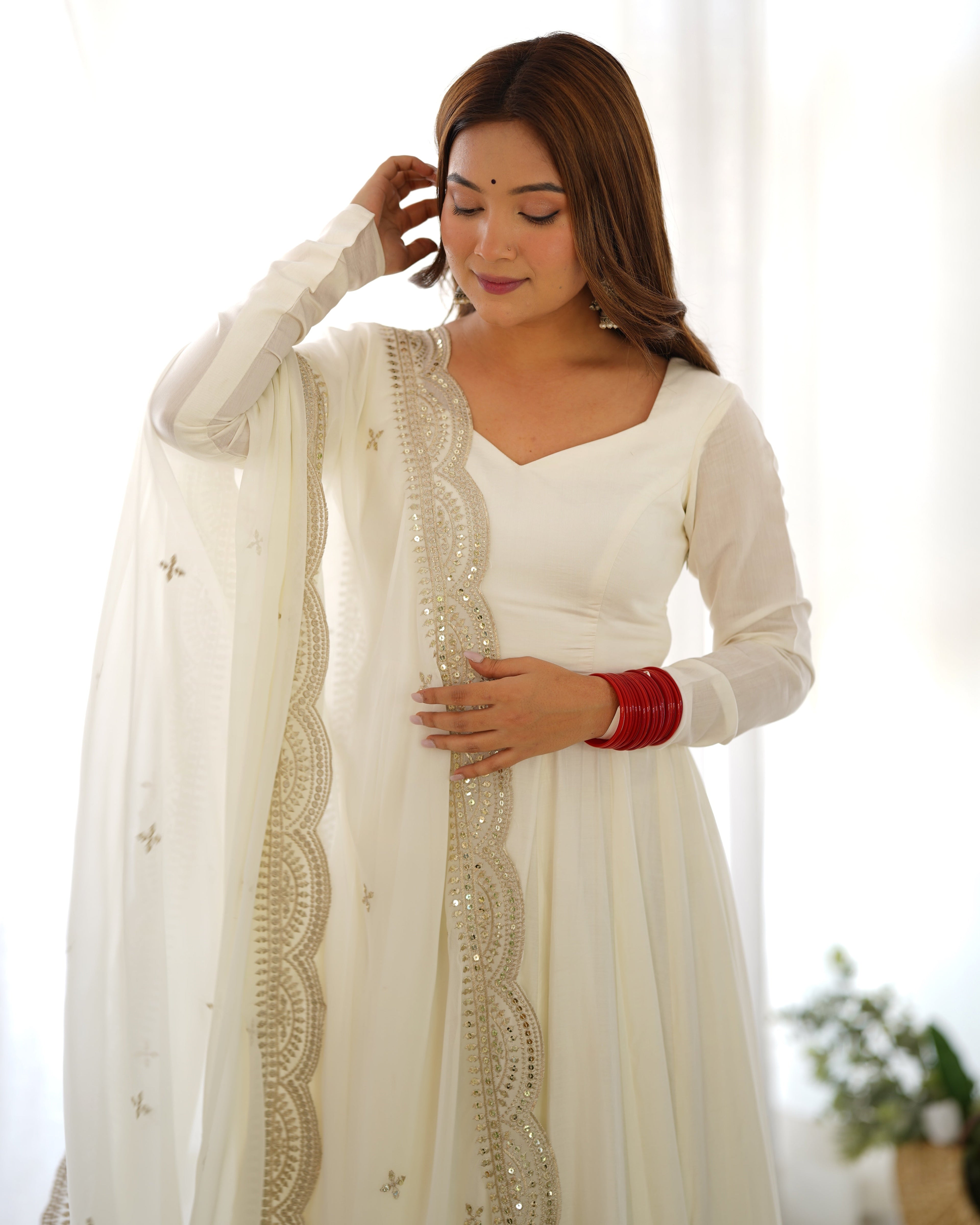 Exquisite Pure Romansilk Chanderi Designer Anarkali Pant Suit - Ethnicwish