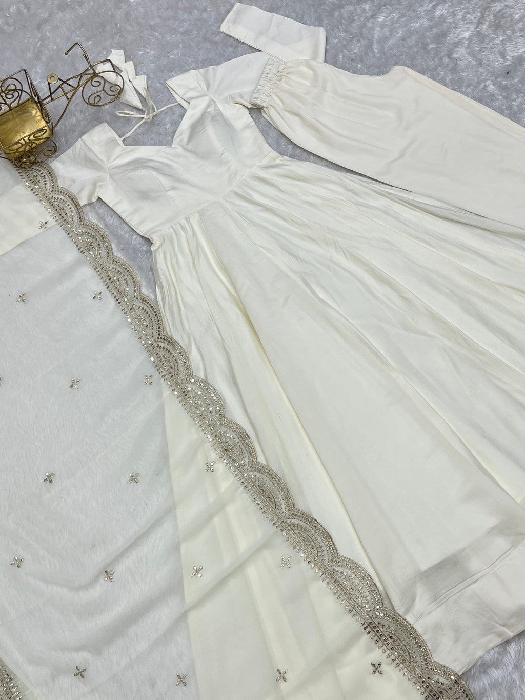 Exquisite Pure Romansilk Chanderi Designer Anarkali Pant Suit - Ethnicwish
