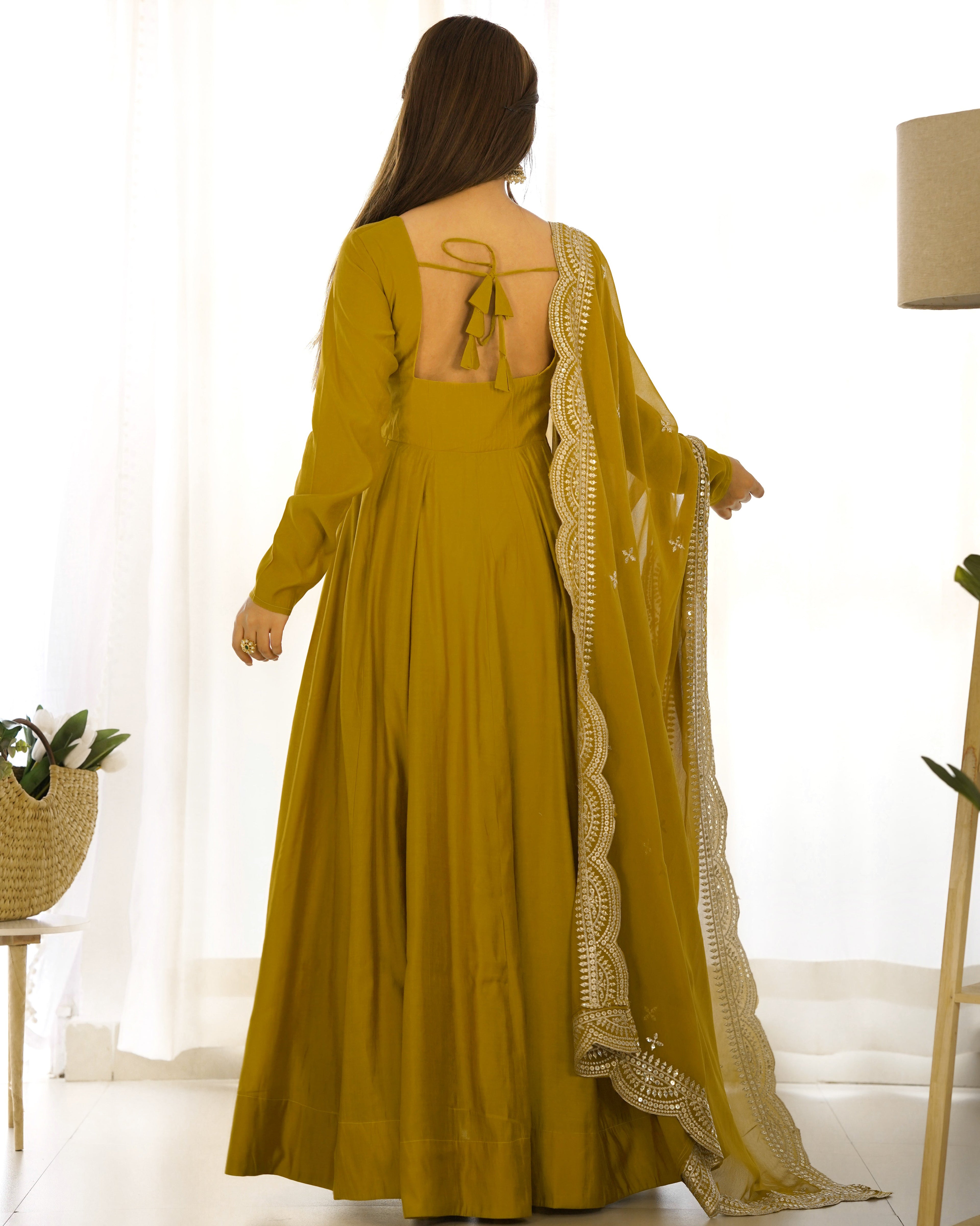 Exquisite Pure Romansilk Chanderi Designer Anarkali Pant Suit - Ethnicwish