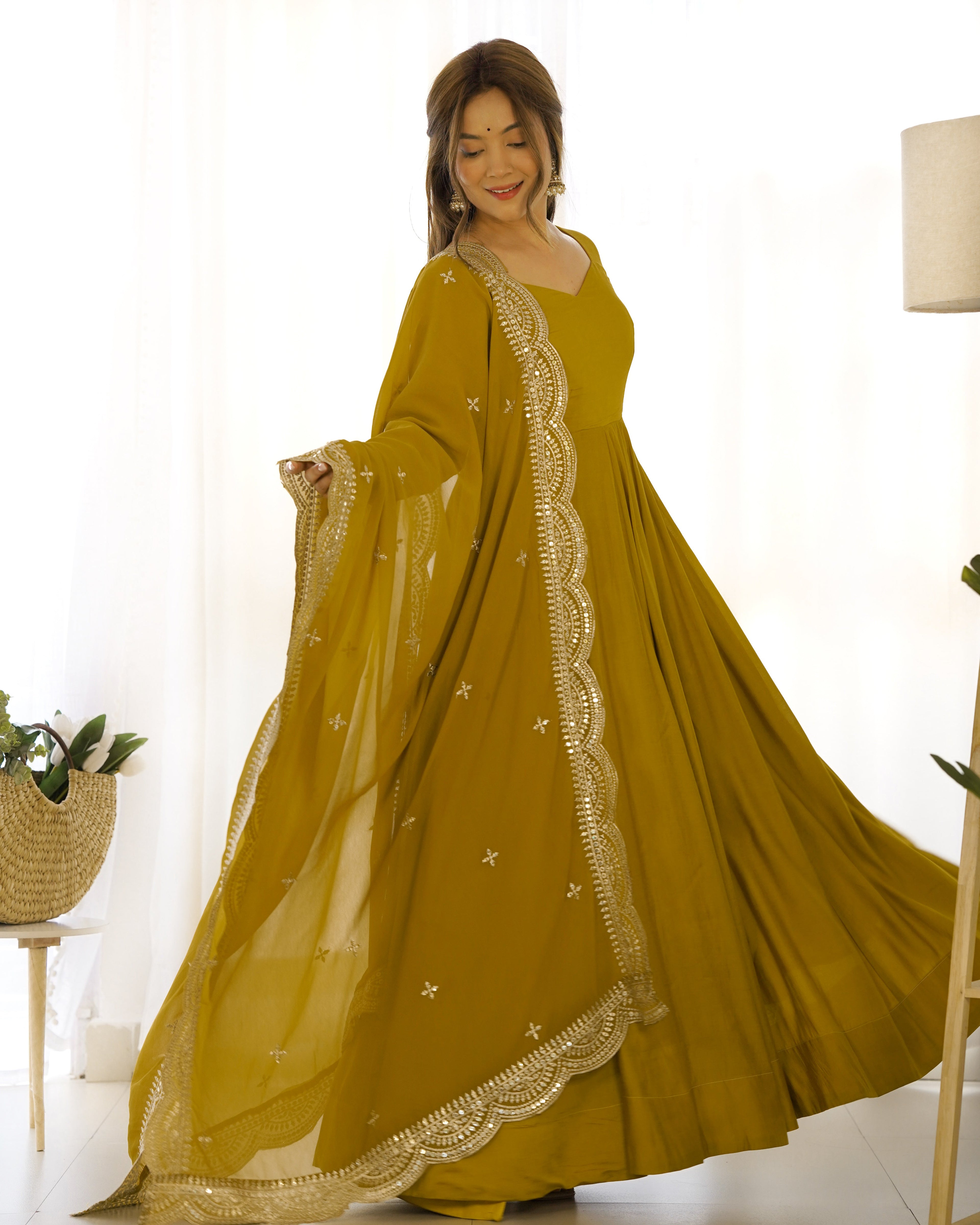 Exquisite Pure Romansilk Chanderi Designer Anarkali Pant Suit - Ethnicwish